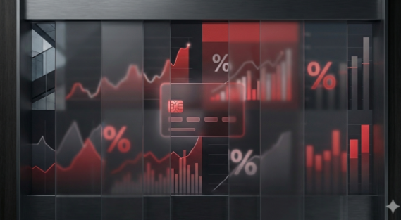 Digital stock market data with rising and falling graphs, percentage symbols, and a central data card.