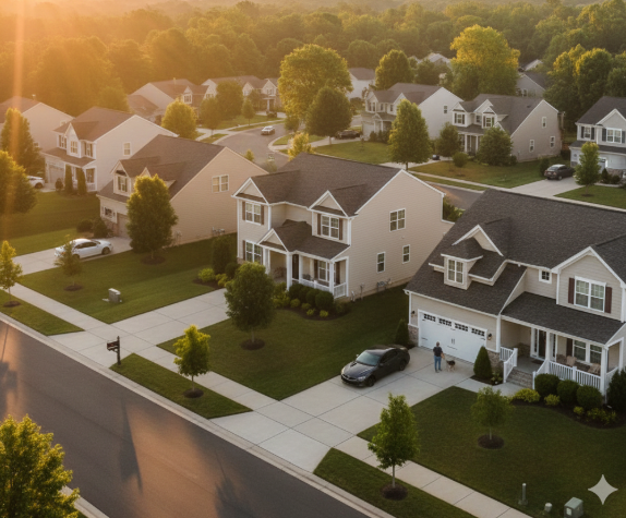 A neighborhood with multiple two-story houses, green lawns, trees, and a street with parked cars during sunset.