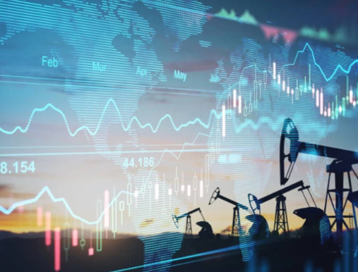 Financial market charts and graphs overlayed on an oil drilling rig silhouette.