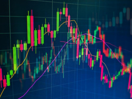 Financial stock market chart with colorful candlesticks and trend lines.