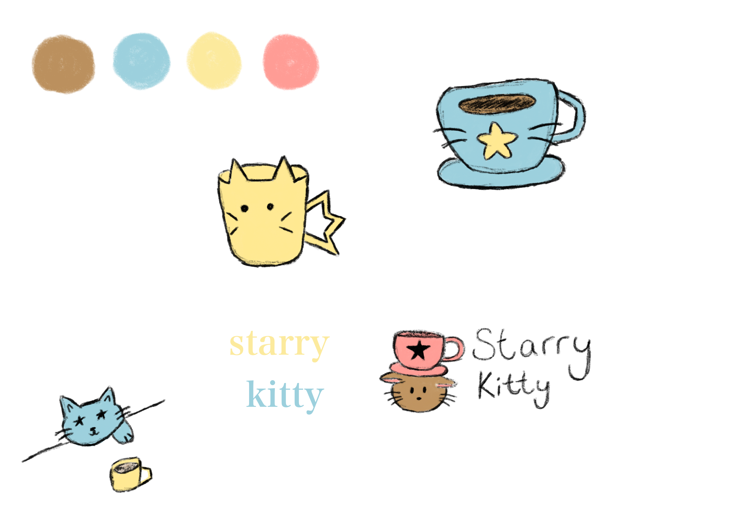 A colorful, hand-drawn style illustration featuring cats, a coffee cup, and text. The cats are labeled as 'starry,' 'kitty,' and other names, with decorative cups and pastel-colored circles in the background.