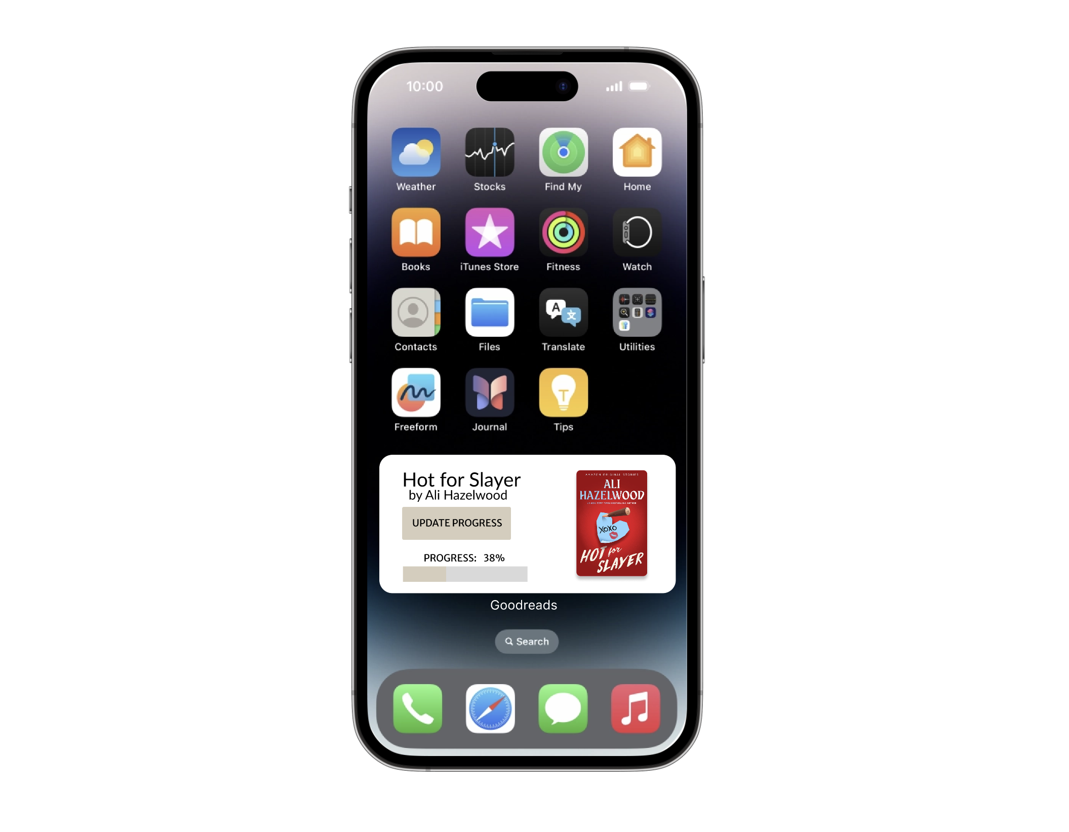 Close-up of an iPhone screen displaying various app icons and a Goodreads book sale advertisement, with the time 10:00 and signal indicators at the top.