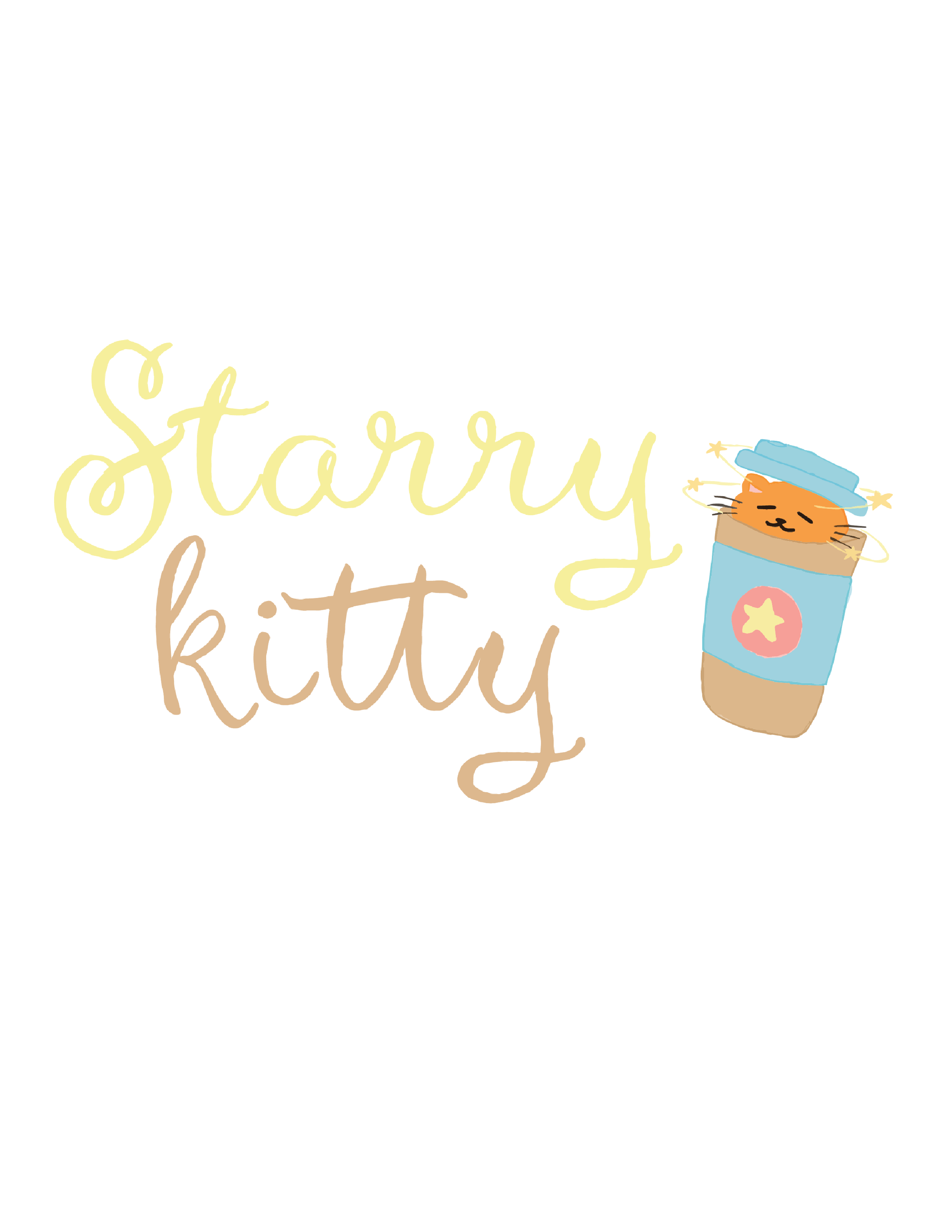 Light yellow cursive text reading 'Story' with a smiling orange cat with closed eyes, wearing a blue hat, inside a blue coffee cup with a pink star and yellow circle on it.