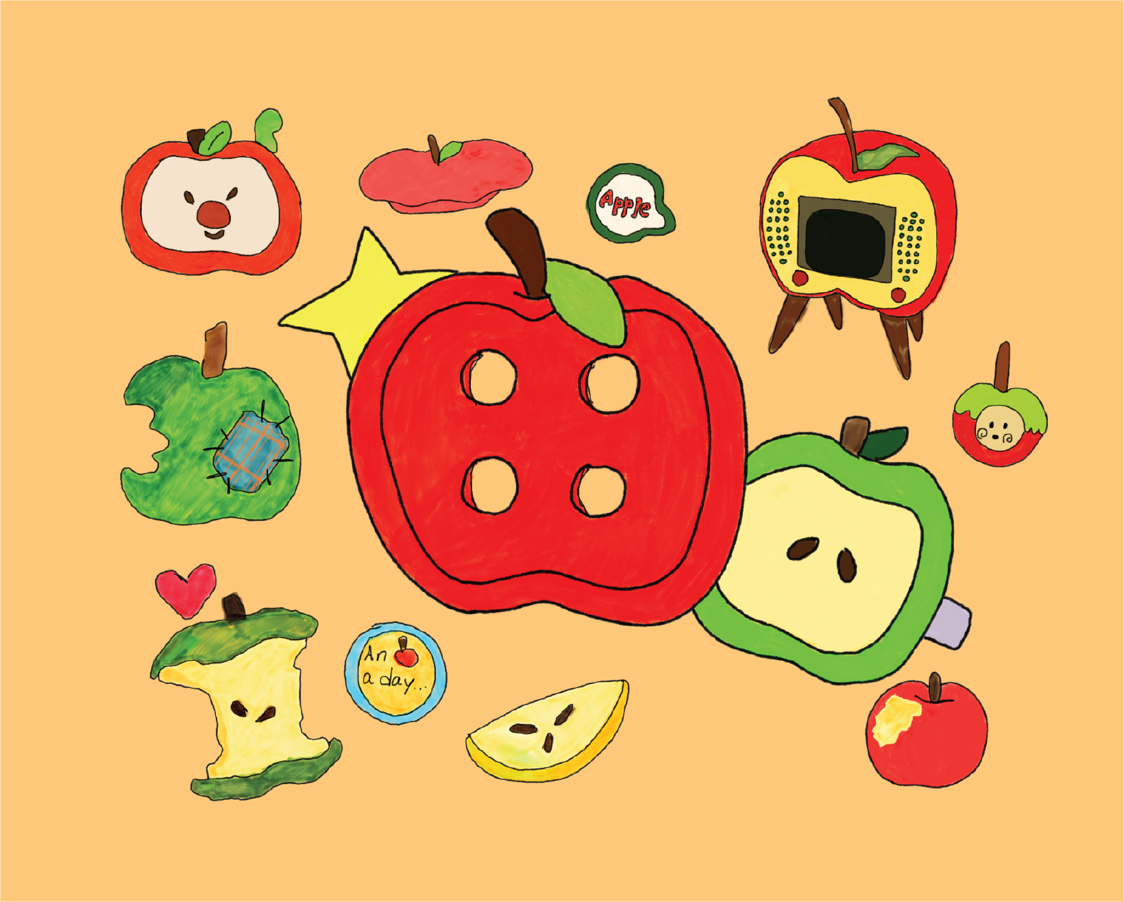 Colorful hand-drawn illustrations of various apples and apple-themed characters on a beige background, including apple slices, a worm in an apple, a TV shaped like an apple, a note with an apple, and other whimsical apple decorations.