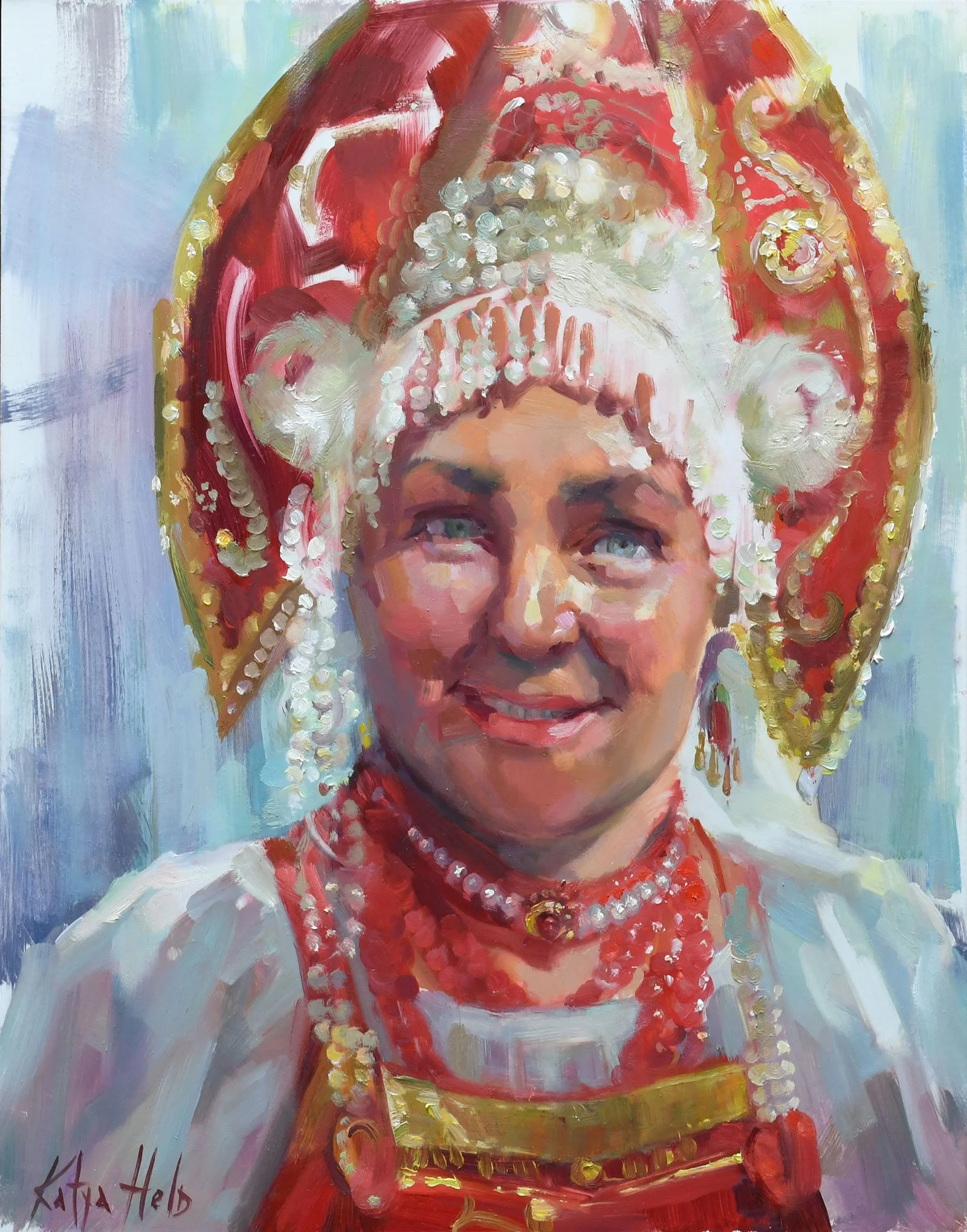 The moment Before a Folk Song, Draped in Pearls, Red and Gold. 2025
Oil on panel
20 x 16 in (50.8 x 40.6 cm)