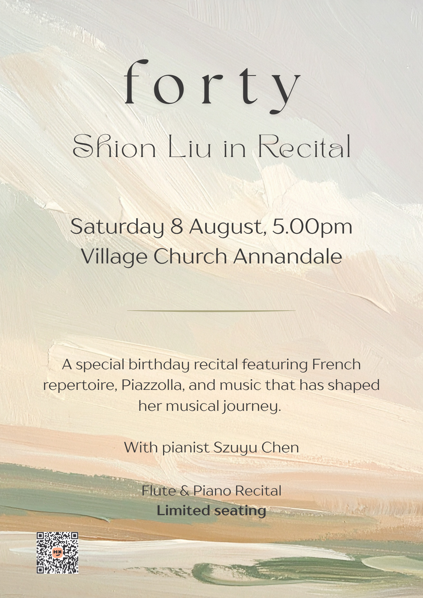 An event poster with a pastel painted background announcing a series of recitals, including a birthday recital, a flute and piano recital, and a limited seating concert.
