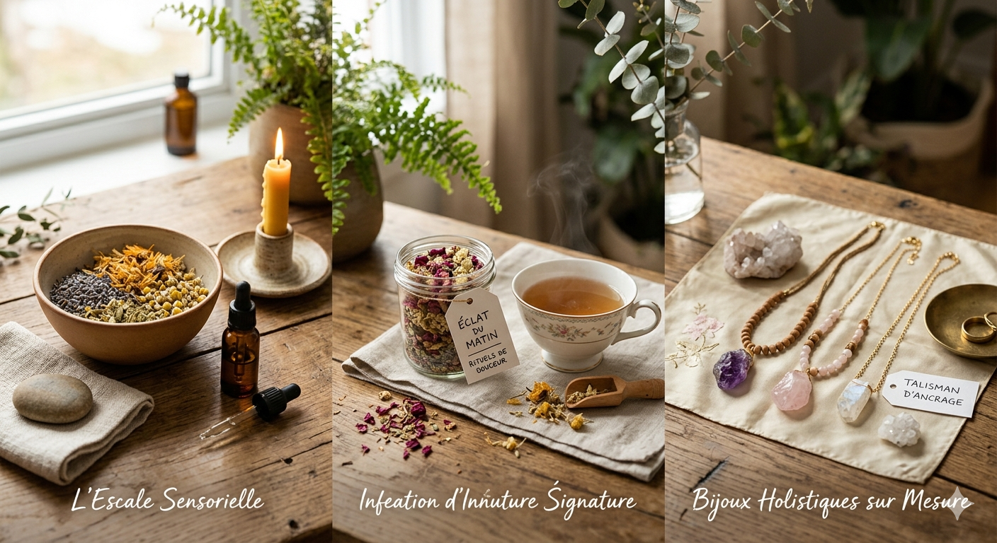 Trois images montrant des objets liés à la bien-être spirituel et holistique : premiers plans avec des éléments pour une pratique sensorielle, une infusion de tisane avec des fleurs et des herbes, et des bijoux artisanaux en pierre et perles.