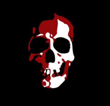 A stylized skull with red and white coloring on a black background.