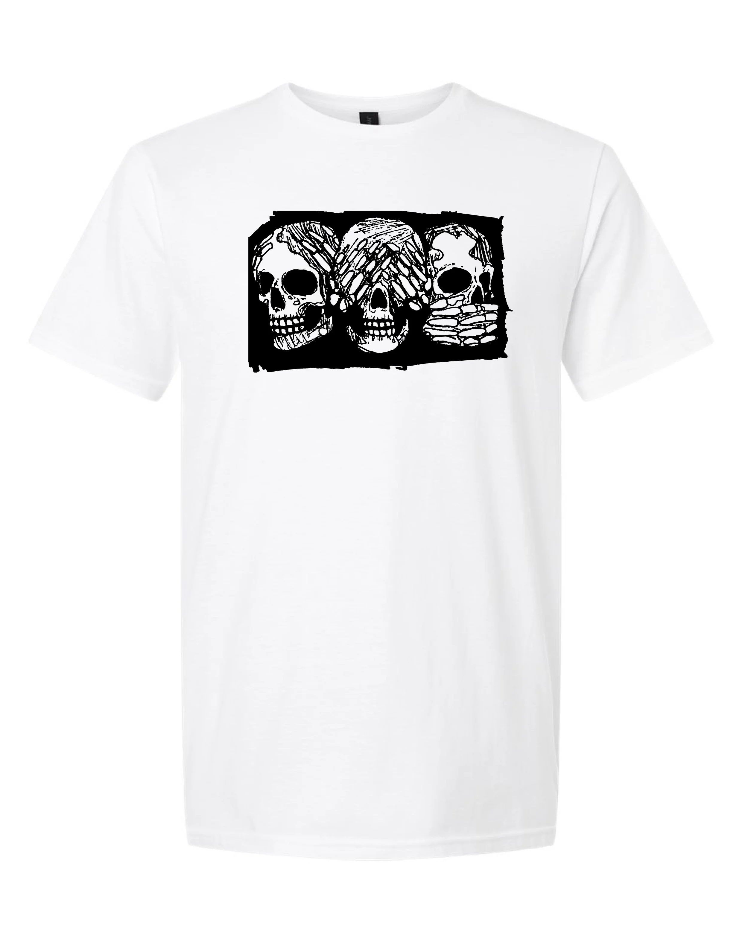 White T-shirt with a black graphic of skeletons and bones in the center.