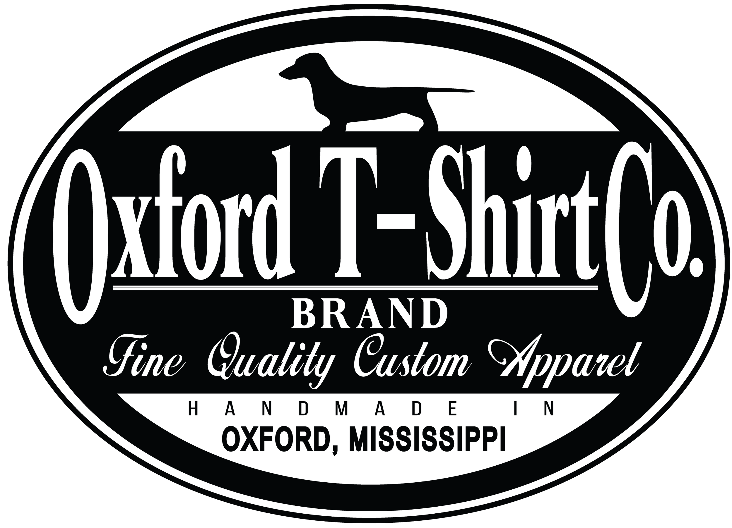 Oxford T-Shirt Co. brand logo. Text: Fine quality custom apparel handmade in Oxford, Mississippi.