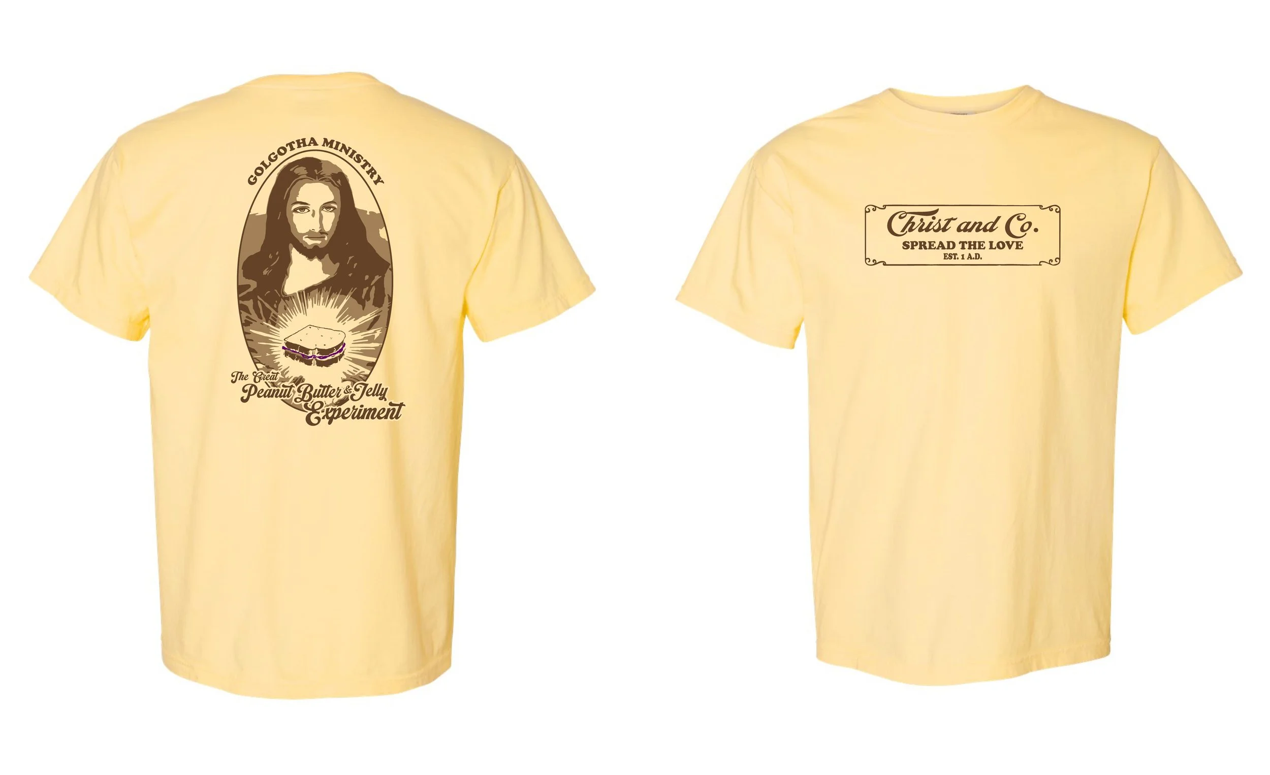 Yellow T-shirt with a graphic of Jesus, a PB&J sandwich, and text on the back, and a logo with text on the front.