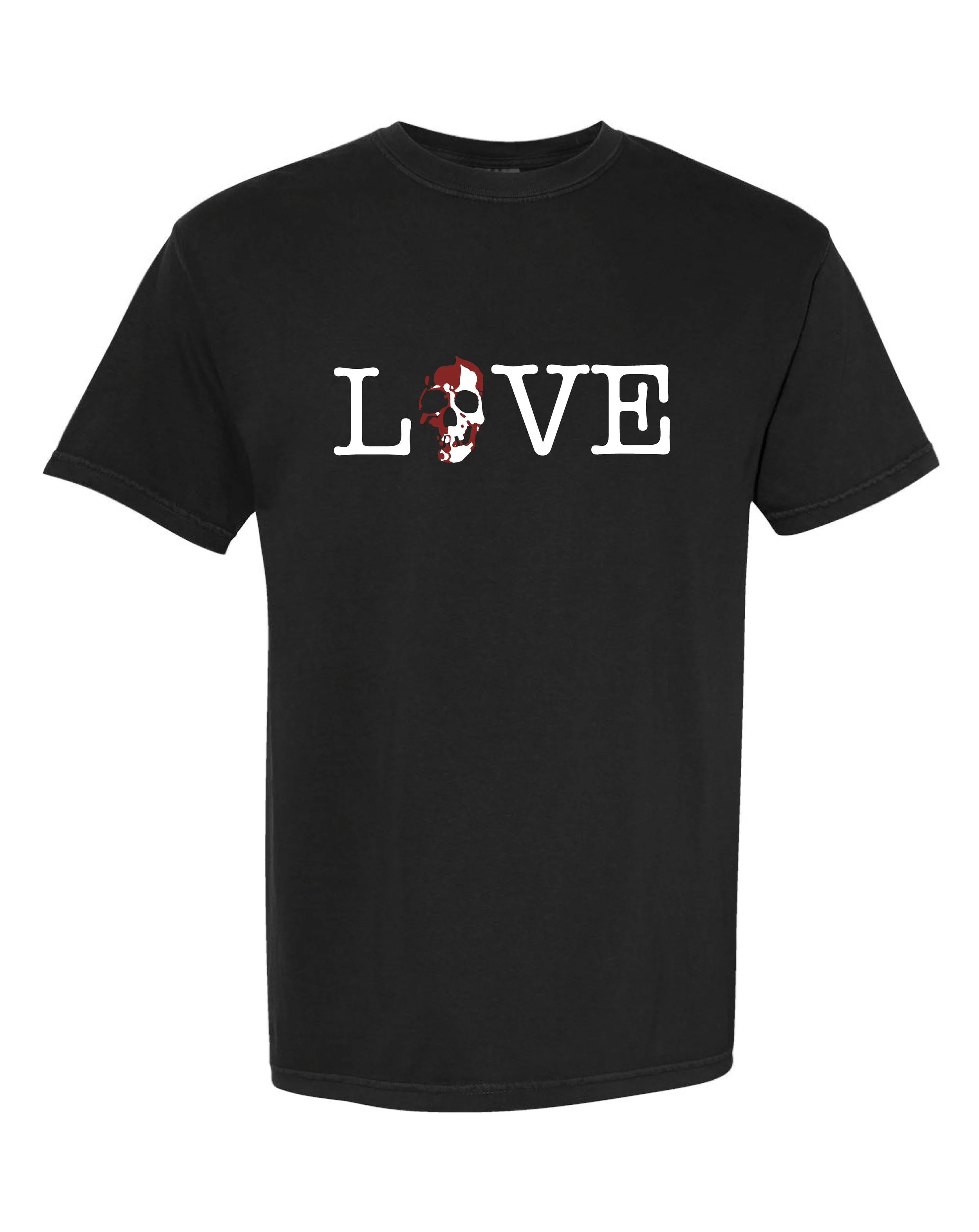Black T-shirt with the word 'LOVE' in white letters, featuring a skull with dark red color in place of the letter 'O'.