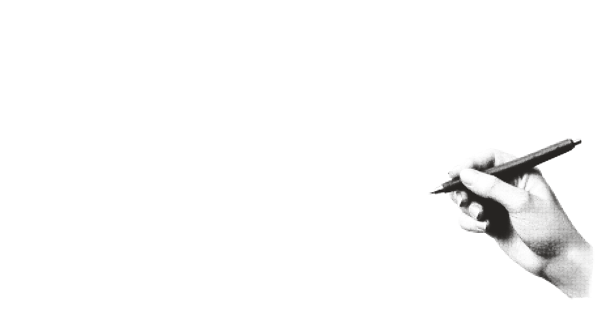 Black background with white vector illustration of a hand holding a pen.
