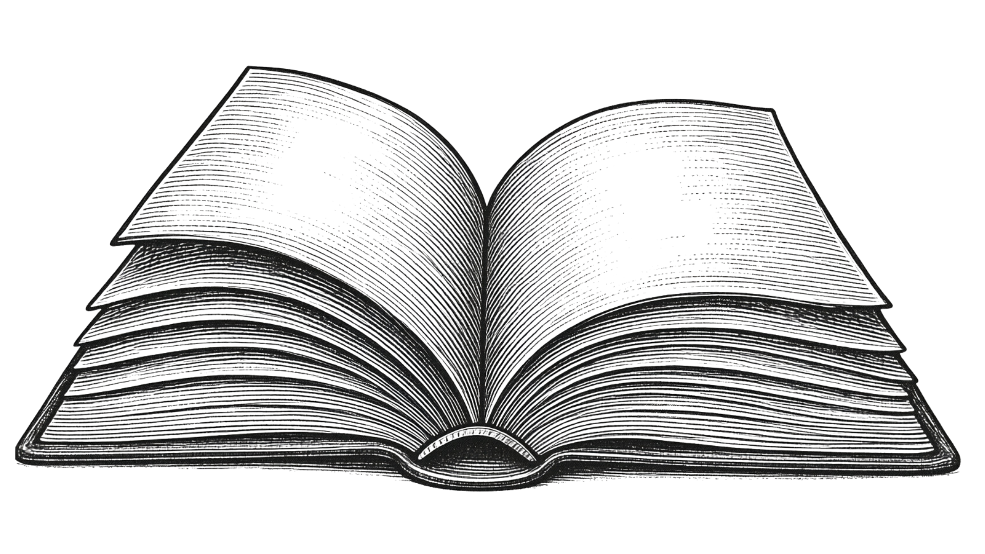 Open book with black and white illustration of stacked pages.