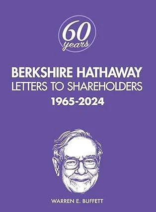 Book cover titled 'Berkshire Hathaway Letters to Shareholders 1965-2024,' celebrating 60 years, with a drawing of Warren E. Buffett's face.