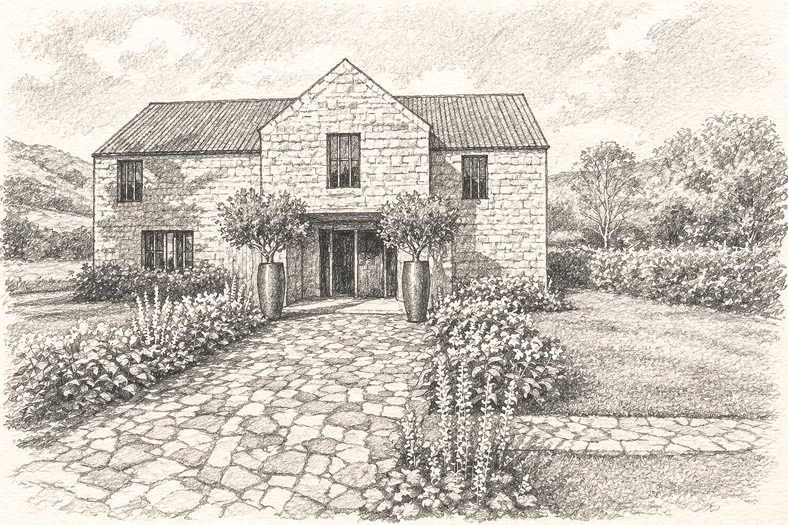 Sketch of a stone house with a sloped roof, surrounded by a garden with potted trees, flowerbeds, and a stone pathway.
