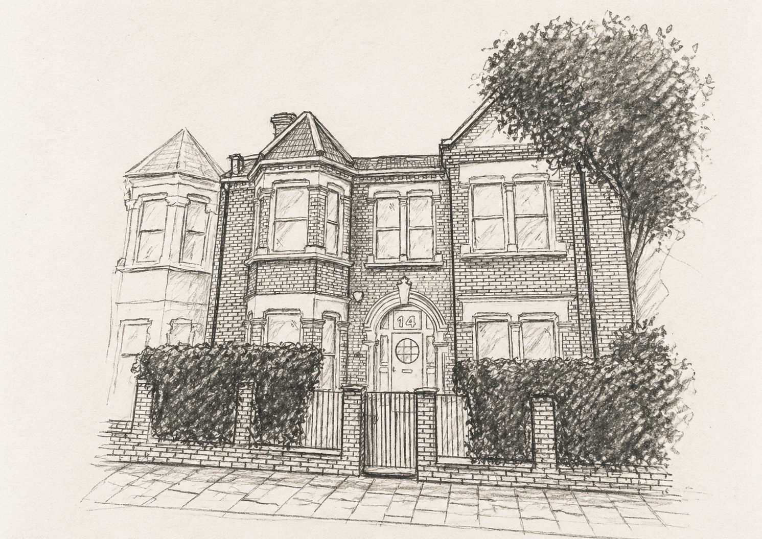 Sketch of a brick house with bay windows, a front gate, and a hedge fence, with trees on either side.