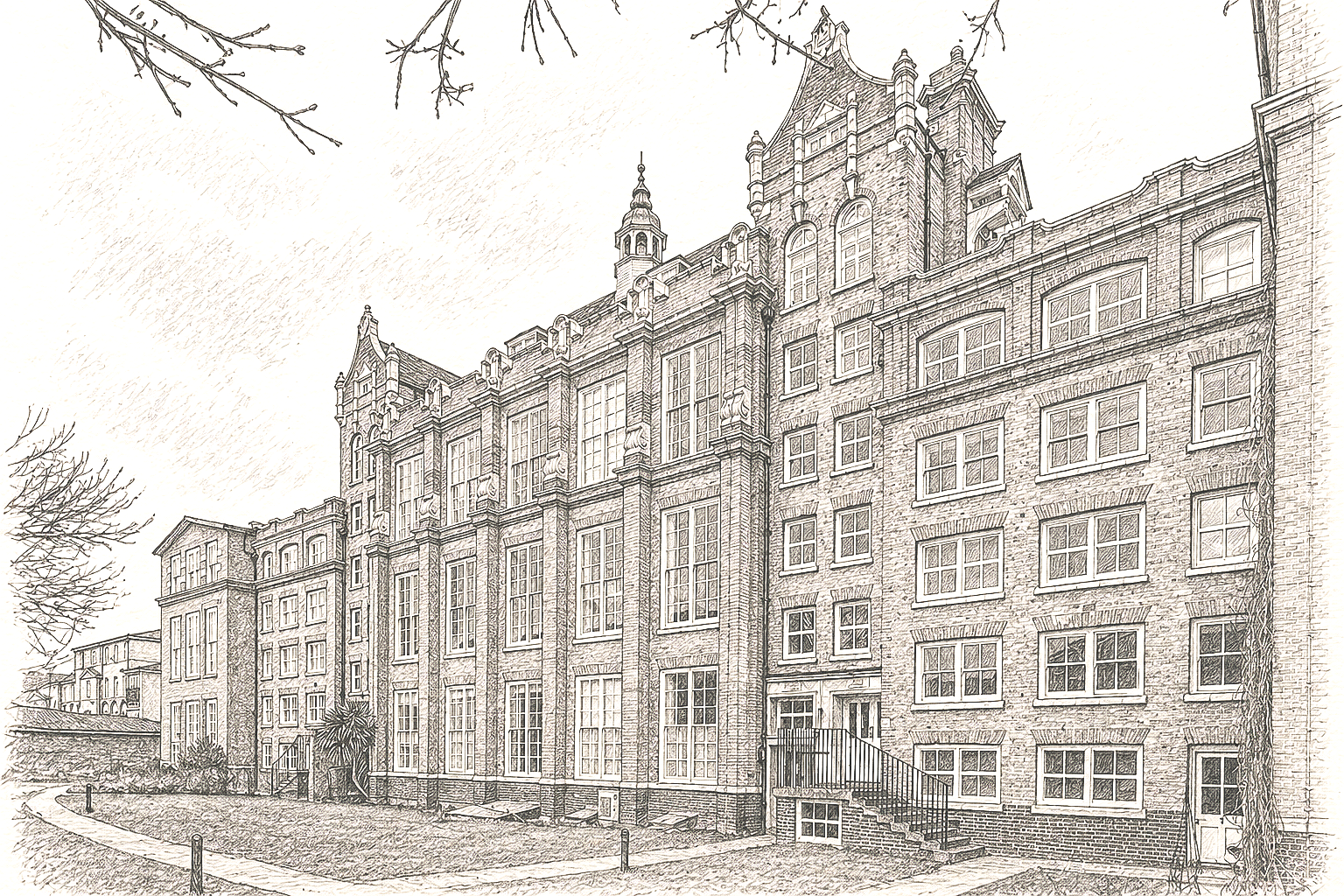 A detailed sketch of a historic brick building with multiple large windows, decorative architectural elements, and a small staircase at the entrance, surrounded by bare tree branches.