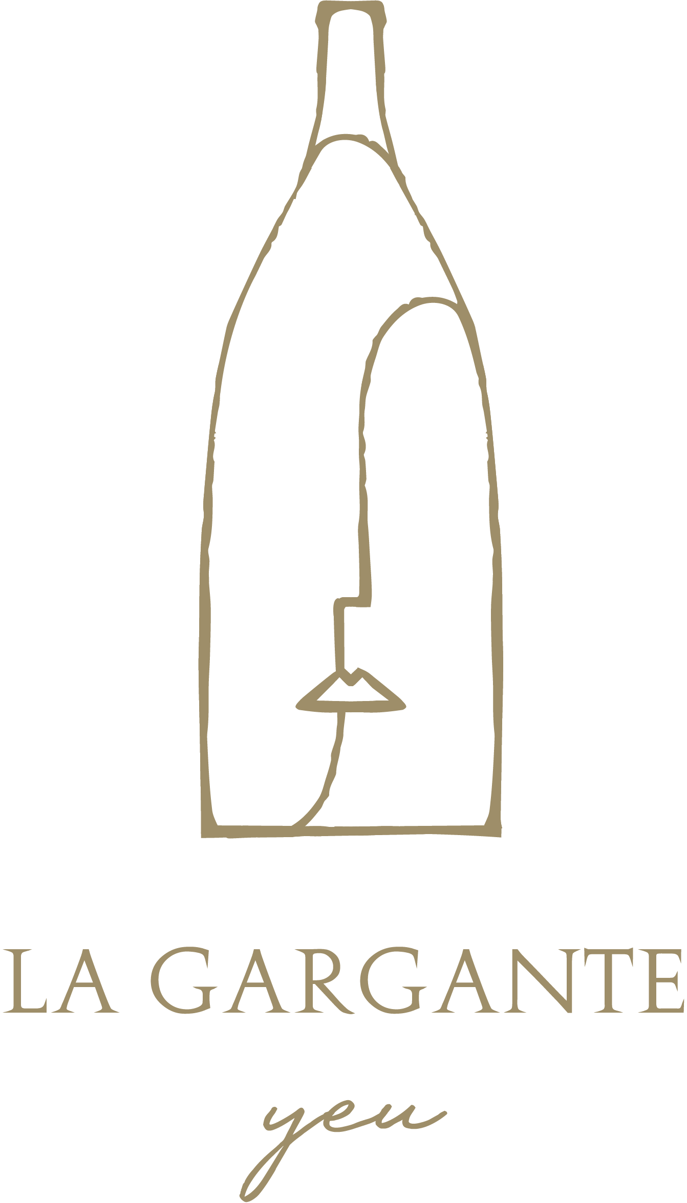 Image d'un logo avec une silhouette d'une bouteille de vin au centre, en dessous le texte 'LA GARGANTE' en majuscules et la phrase 'yeu' ,pour l'île d'yeu, en écriture cursive.