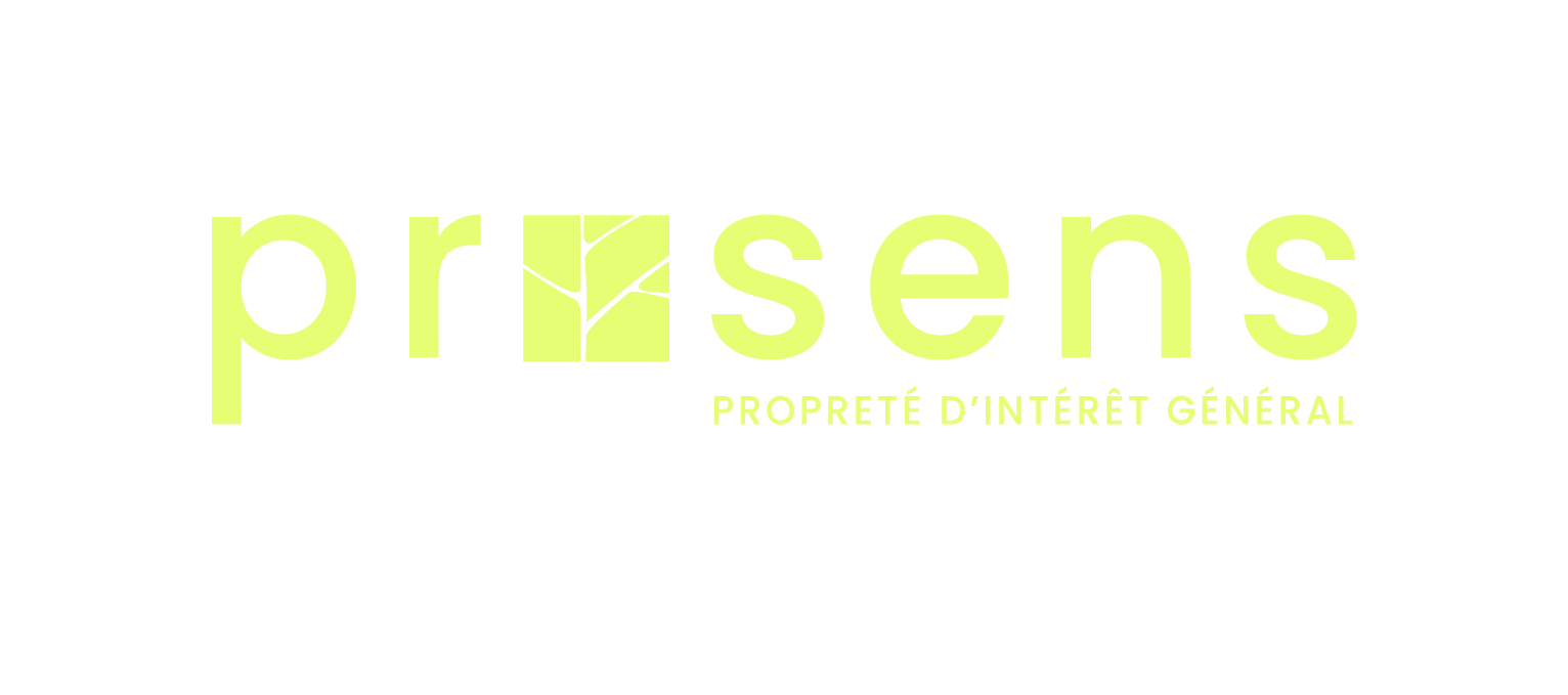 Un logo vert fluorescent avec le mot 'présens' et une petite feuille dans le 'é', avec la phrase 'propreté d'intérêt général' en dessous.