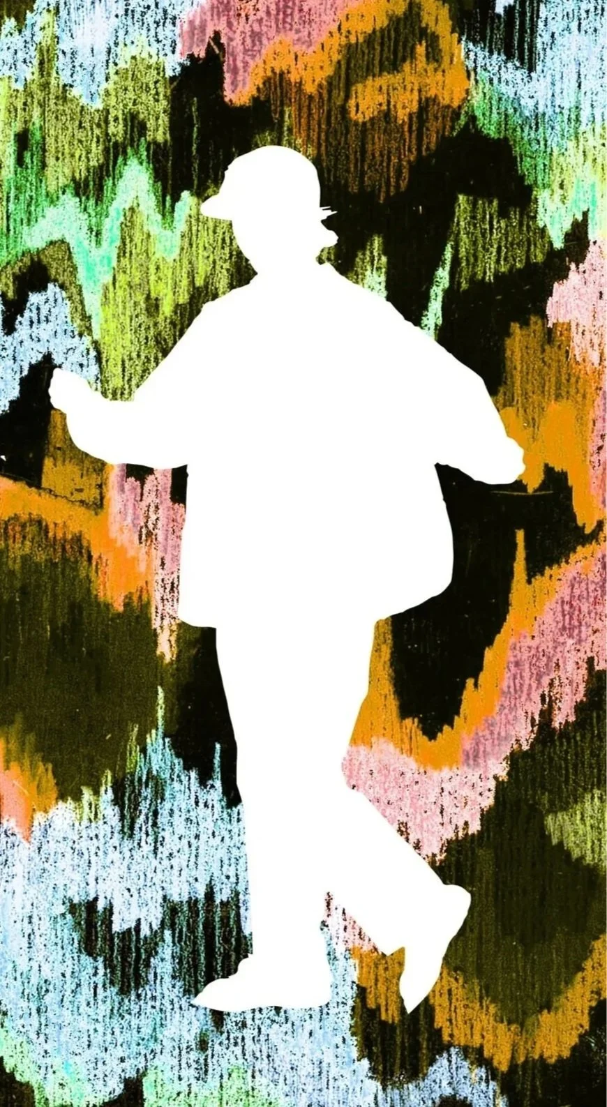 Silhouette blanche d'une personne portant un chapeau, en train de marcher ou danser, avec un fond coloré abstrait en spray paint, comprenant des couleurs comme vert, orange, rose, bleu et noir.