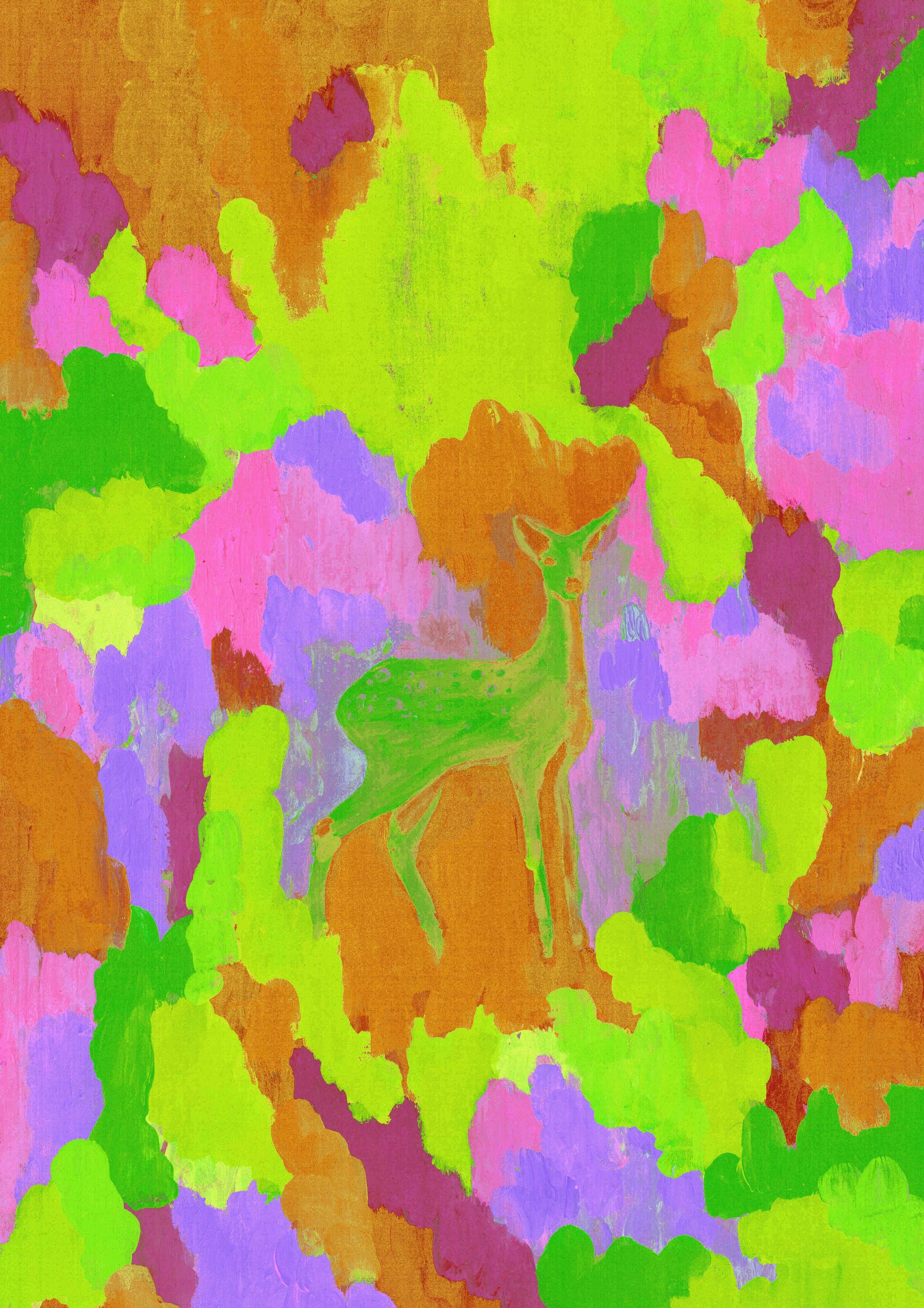 Une peinture abstraite aux couleurs vives et éclatantes, comprenant principalement du vert, du rose, du violet, du orange, et du bleu, dans un style artistique expressif.
