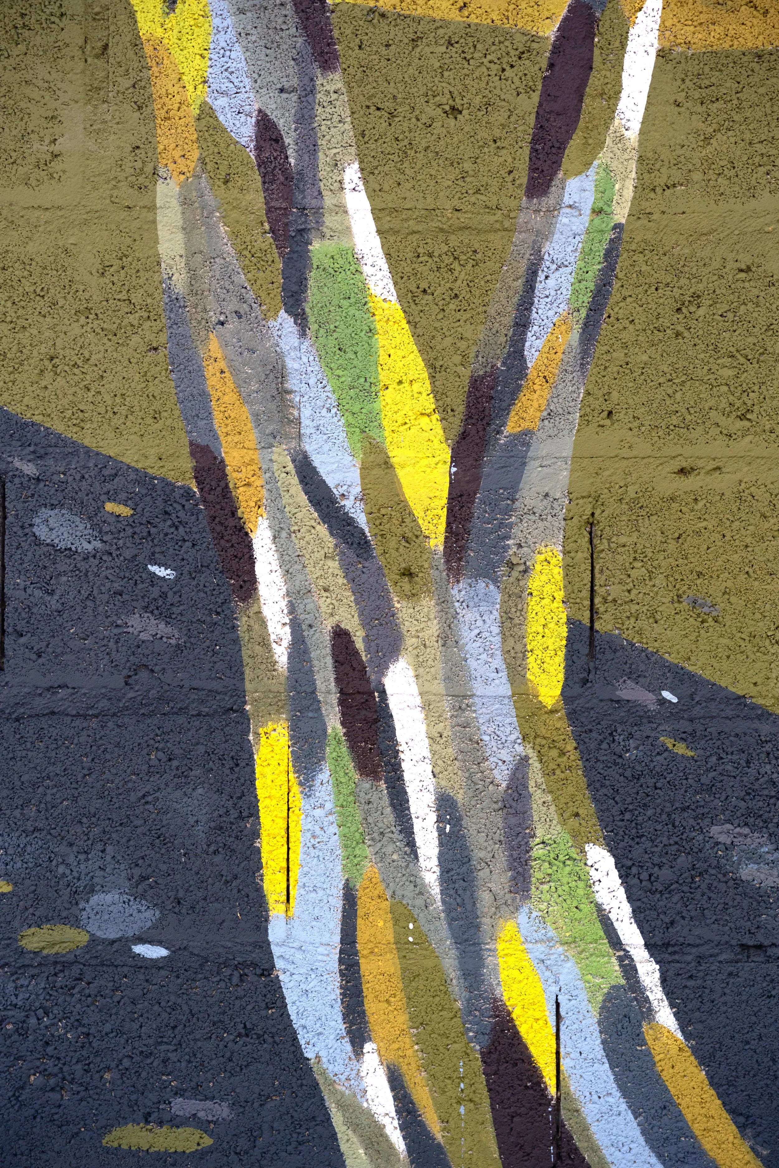 Une fresque de peinture abstraite sur un mur en béton noir avec des lignes courbes de plusieurs couleurs, notamment jaune, vert, blanc, gris et violet.