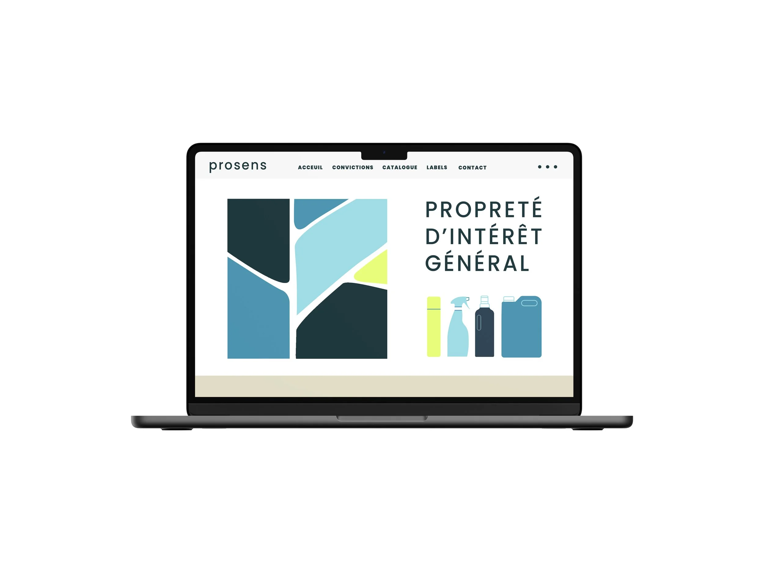 Capture d'écran d'un site web de nettoyage appelé 'prosens' affiché sur un ordinateur portable, avec le texte 'propreté d'intérêt général'.