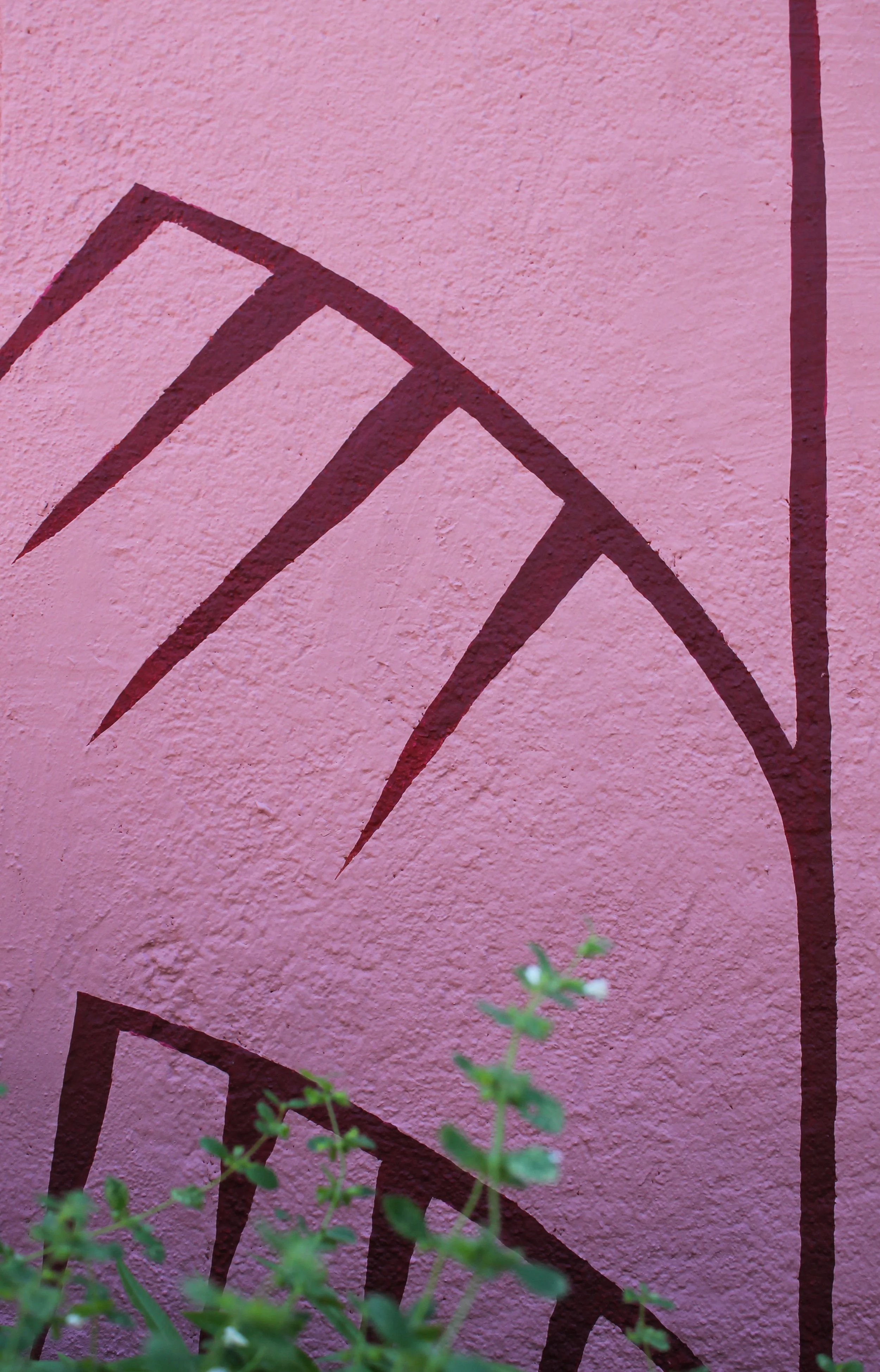 Murs rose avec une peinture murale noire stylisée d'une montagne, flanquée de petites plantes vertes au premier plan.