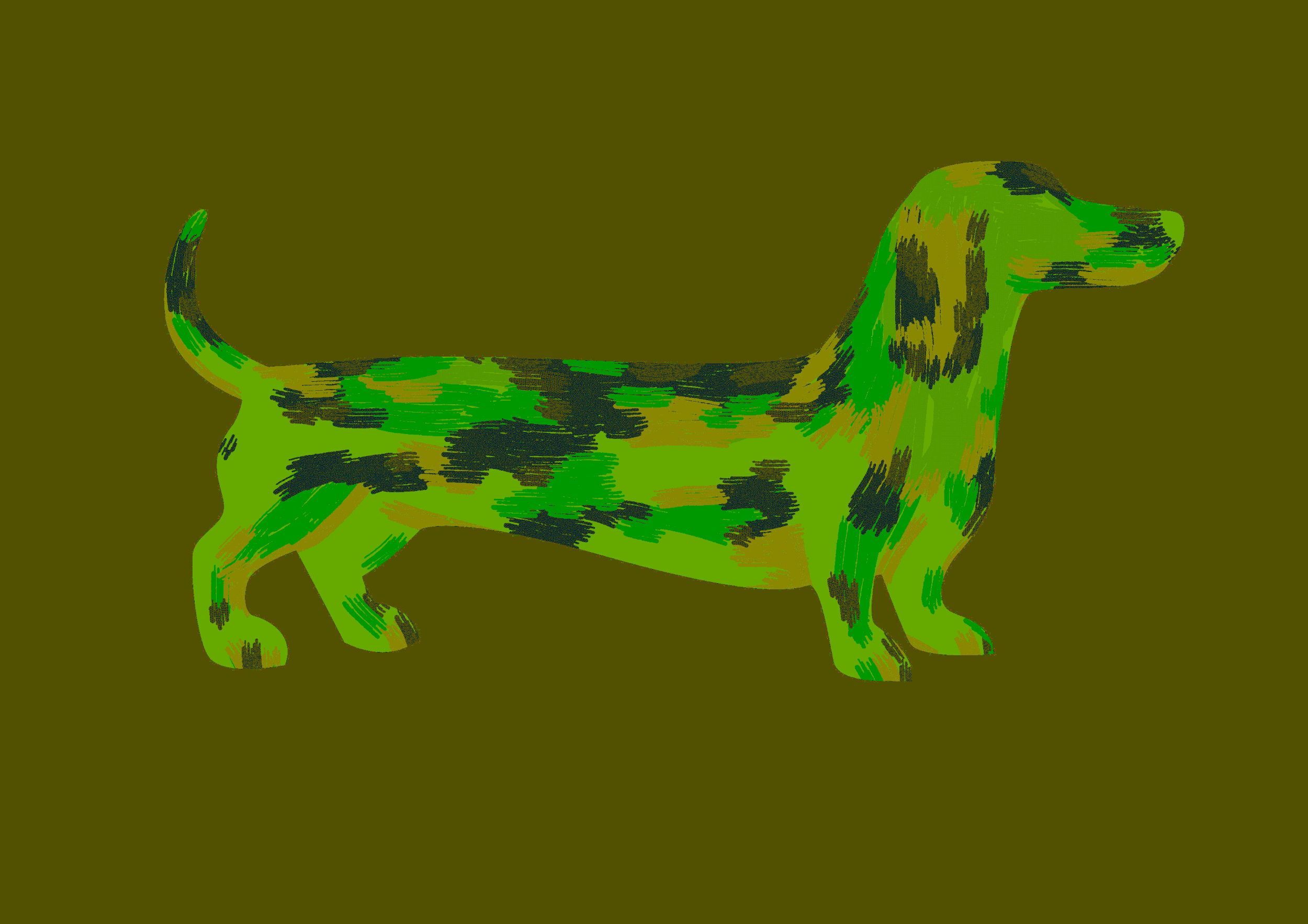 Chien stylisé avec un motif camouflage en vert, noir et marron, sur un fond marron