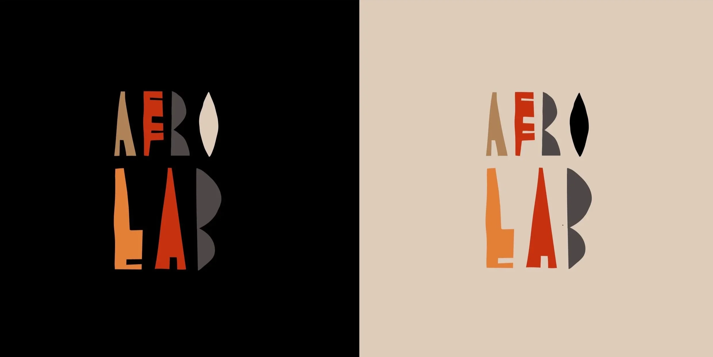 Une image divisée en deux parties. Sur la partie gauche, un fond noir avec des lettres rouges, oranges, grises et beiges formant un mot stylisé. Sur la partie droite, le même design avec un fond beige clair, mais avec une variation de couleur des lettres.