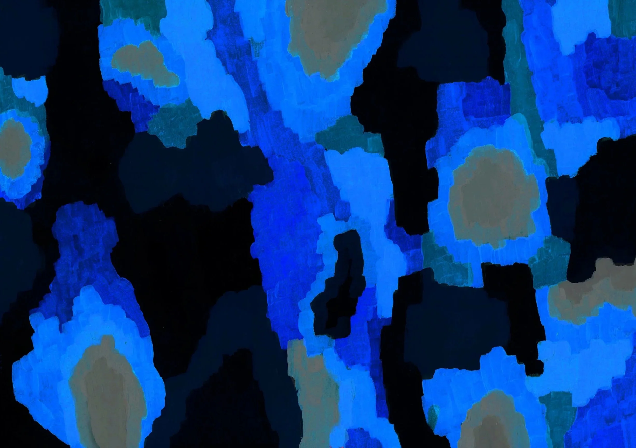 L'image montre une composition abstraite de formes géométriques en nuances de bleu, vert et noir avec un effet de luminescence.
