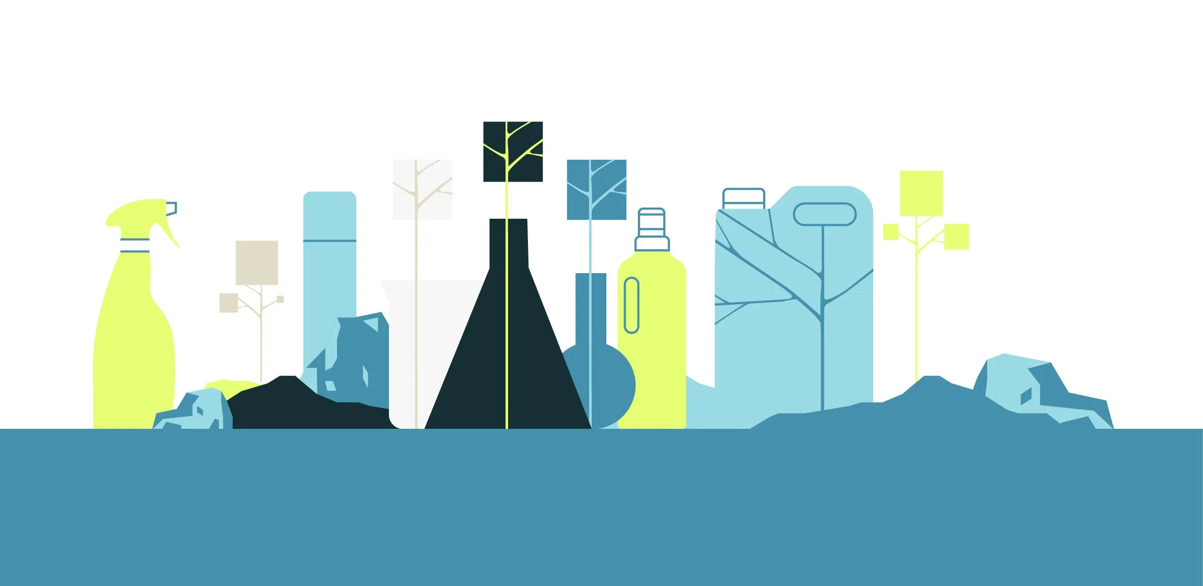 Illustration minimaliste de bouteilles de produits de nettoyage et de plantes stylisées sur un fond blanc avec une ligne bleue en bas.