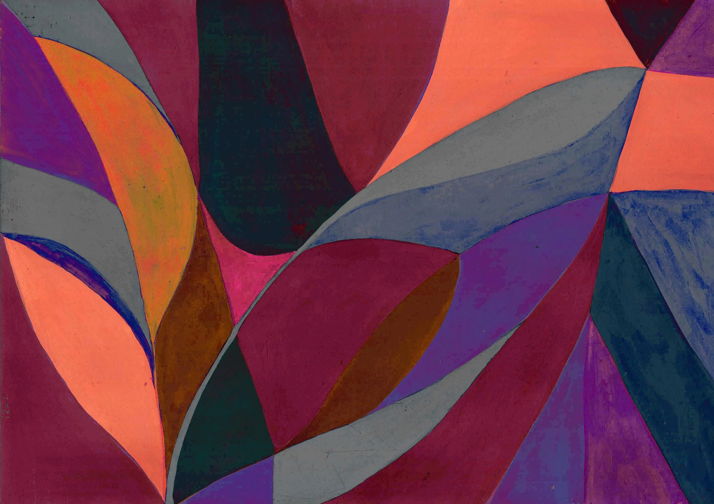 Une peinture abstraite composée de formes géométriques colorées en nuances de violet, orange, rouge, gris et noir.