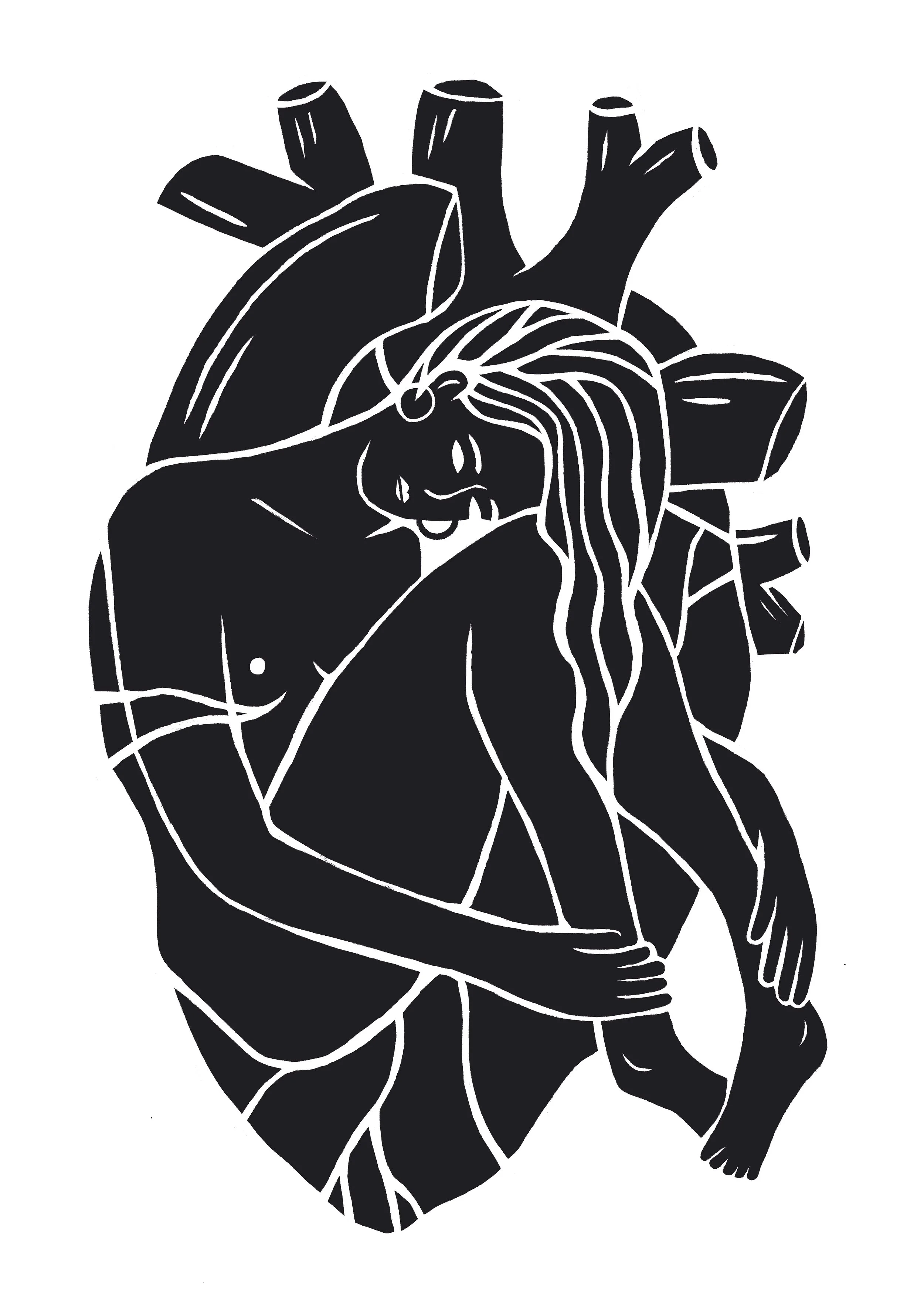 Illustration en noir et blanc d'un cœur humain avec un contour stylisé et des détails internes, comprenant des éléments de style artistique minimaliste.