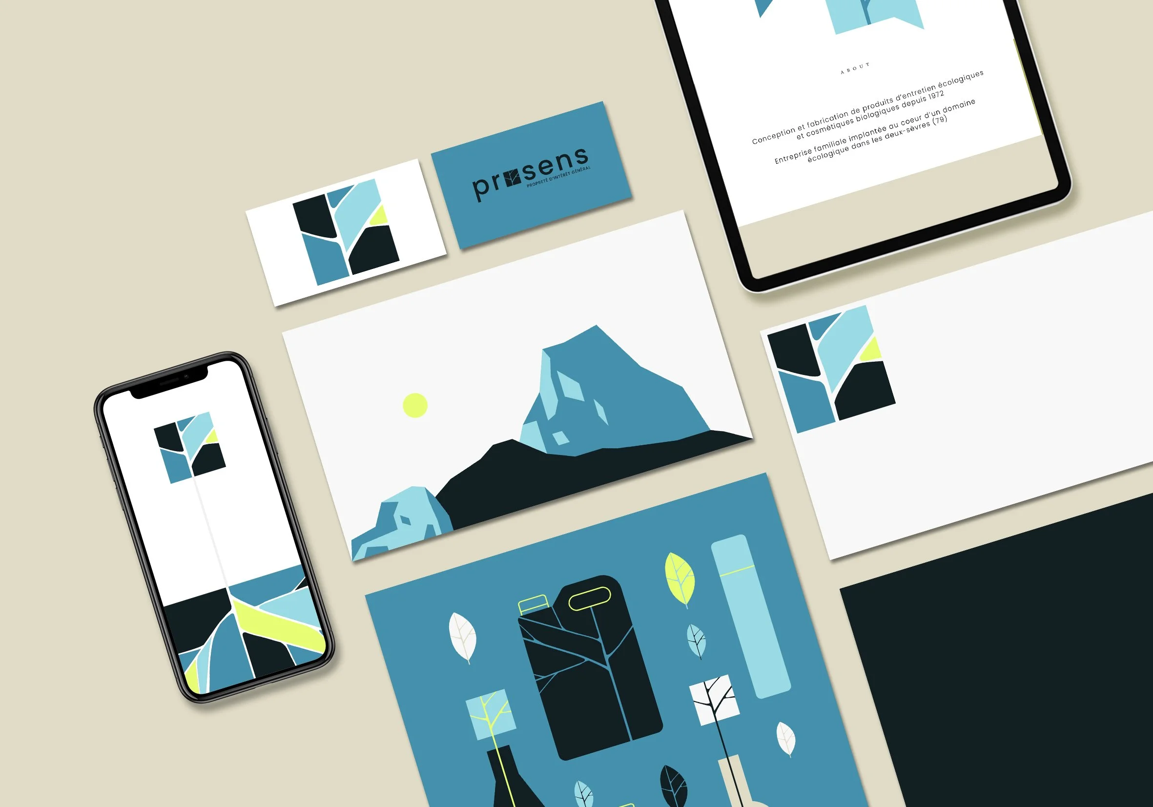 Un aperçu d'une marque ou d'un concept graphique avec des éléments de design modernes, comprenant un logo, des illustrations de montagnes et de feuilles, ainsi que des interfaces numériques affichant des designs apparemment liés à une entreprise écologique ou de produits naturels.