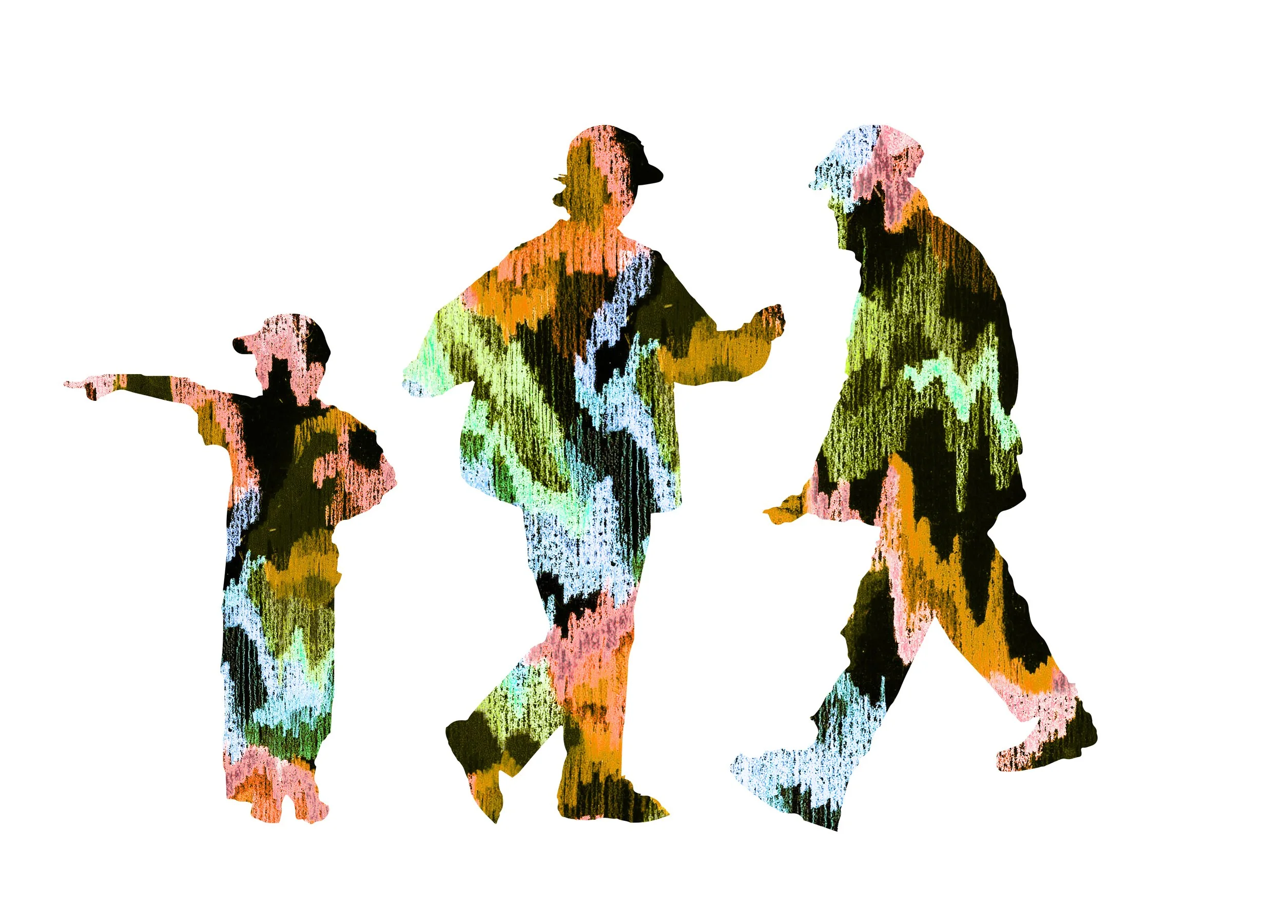 Silhouettes de quatre personnes, dont deux enfants et deux adultes, avec un motif coloré abstrait. Ils semblent converser et interagir.