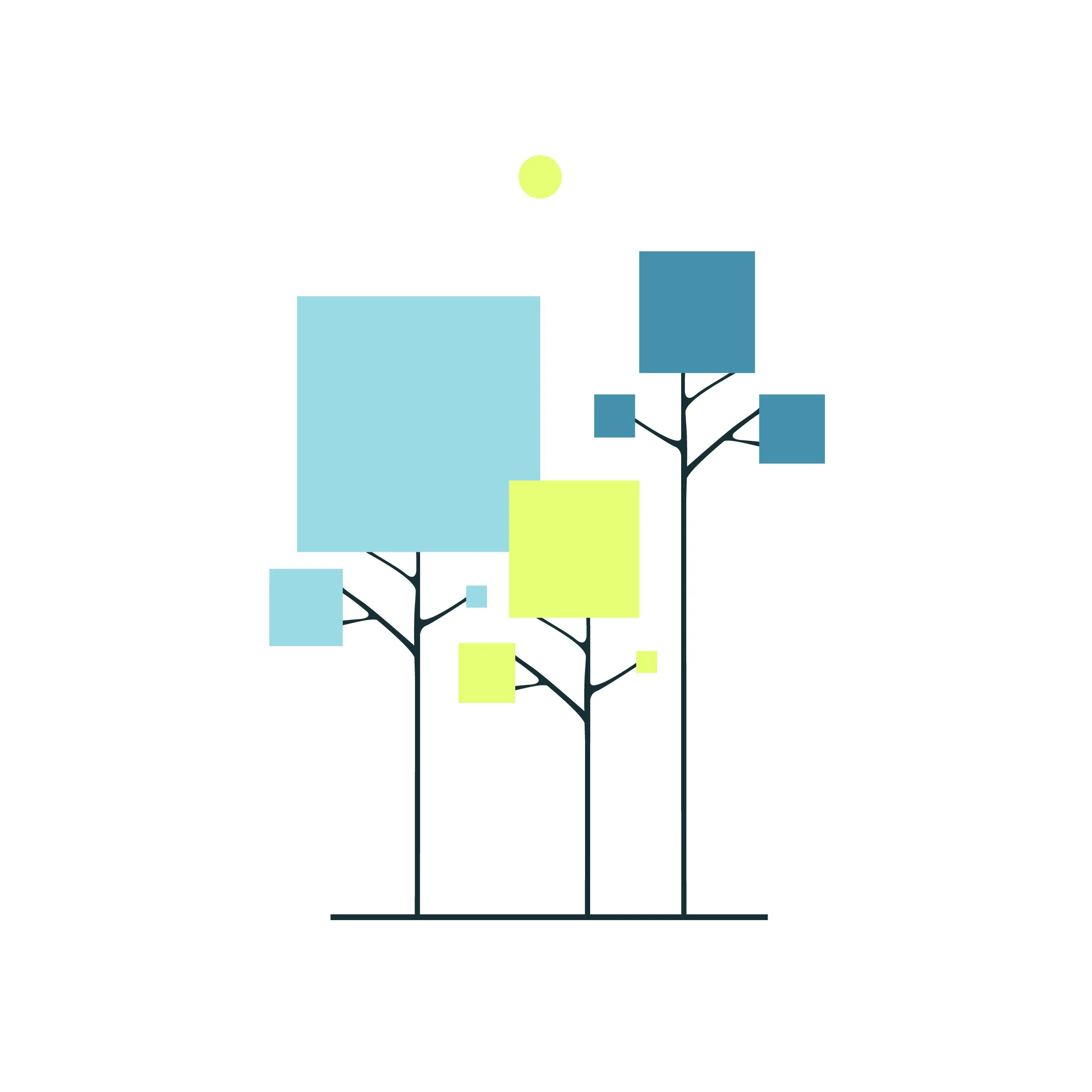 Diagramme illustrant la croissance et la connexion avec des branches et des carrés de différentes couleurs, sur fond blanc.