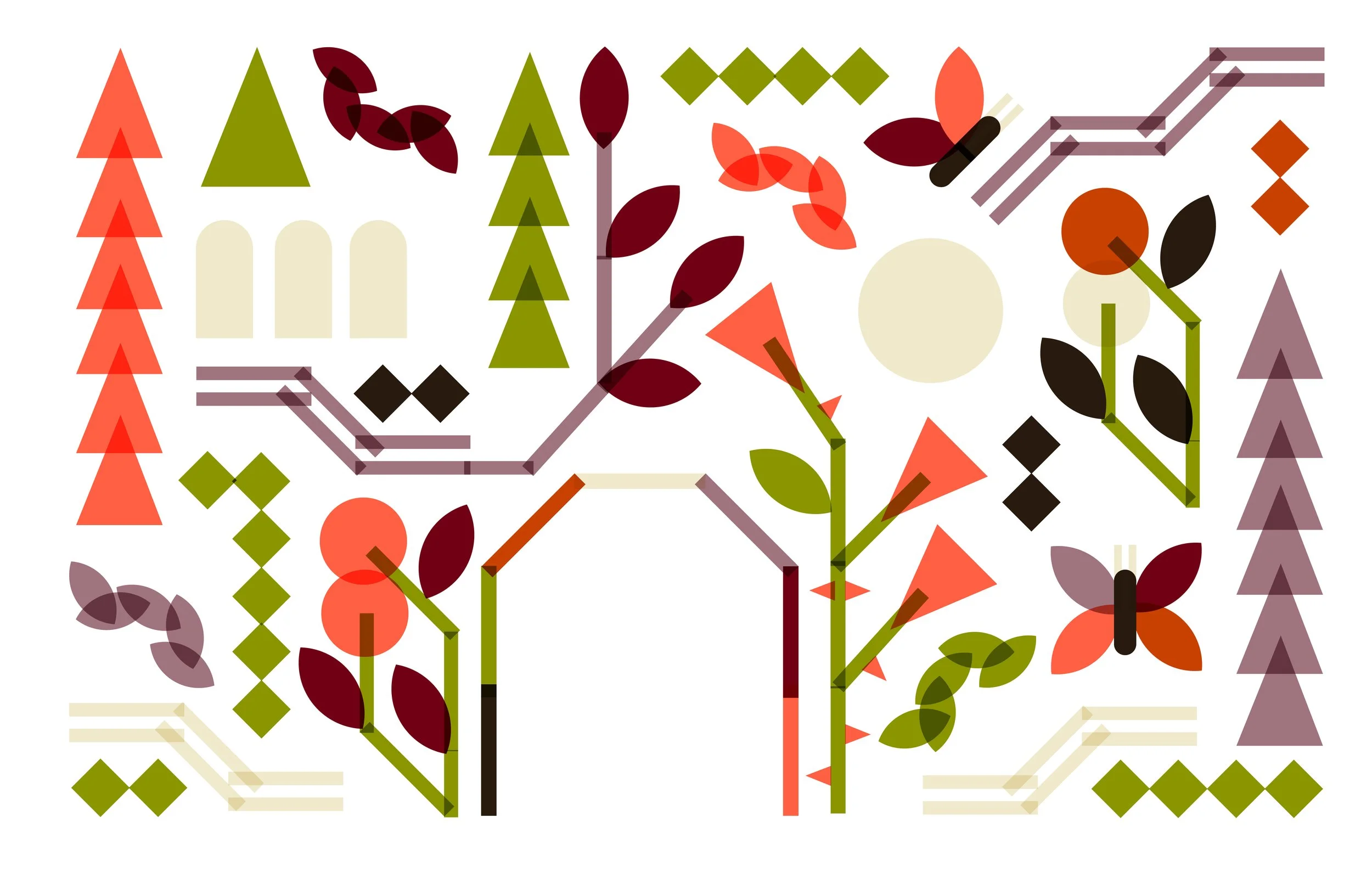Illustration abstraite représentant un arbre avec des feuillages et des branches stylisés, entouré de divers éléments de formes géométriques de couleurs chaudes et froides.