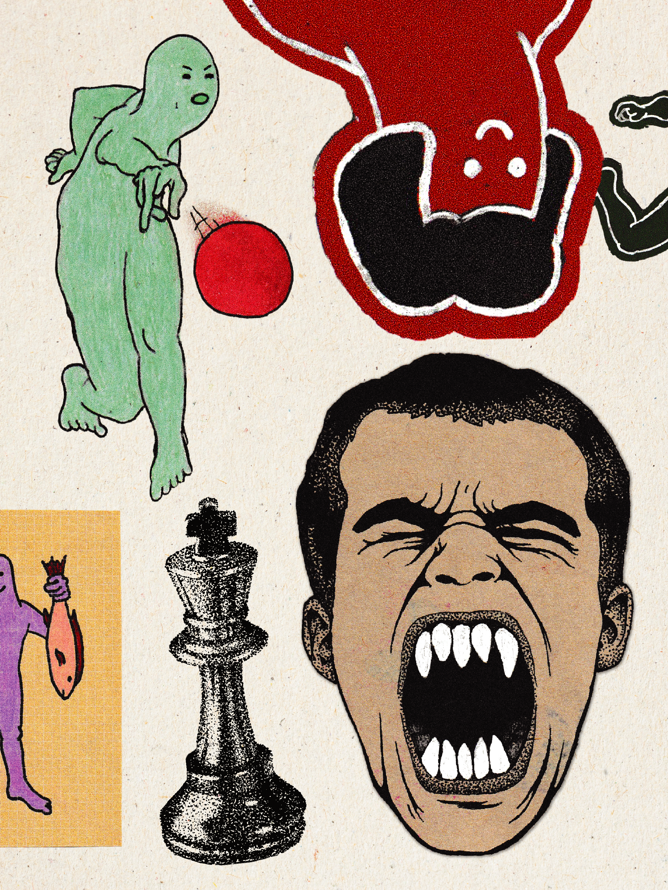 Illustration featuring a cartoonish large screaming face with closed eyes and bared teeth, a green humanoid figure with an angry expression pointing at a red balloon, and several smaller images including a black and white chess rook, a pink fish, a small figure holding a red object, and a distorted human face.