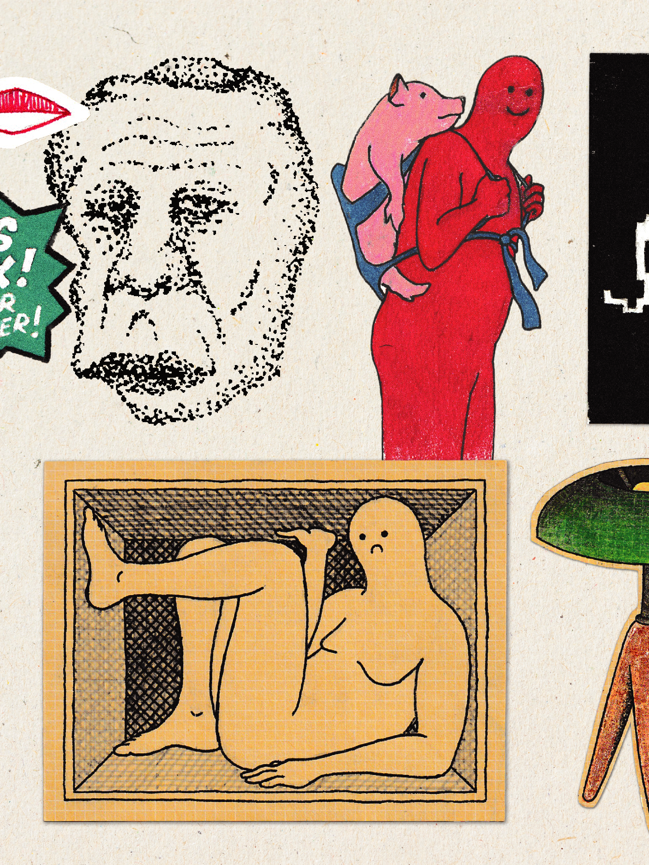 A collage of illustrations including a cartoon-style person with a beard, a pink pig with a backpack, and a line drawing of a person with arms outstretched inside a square.