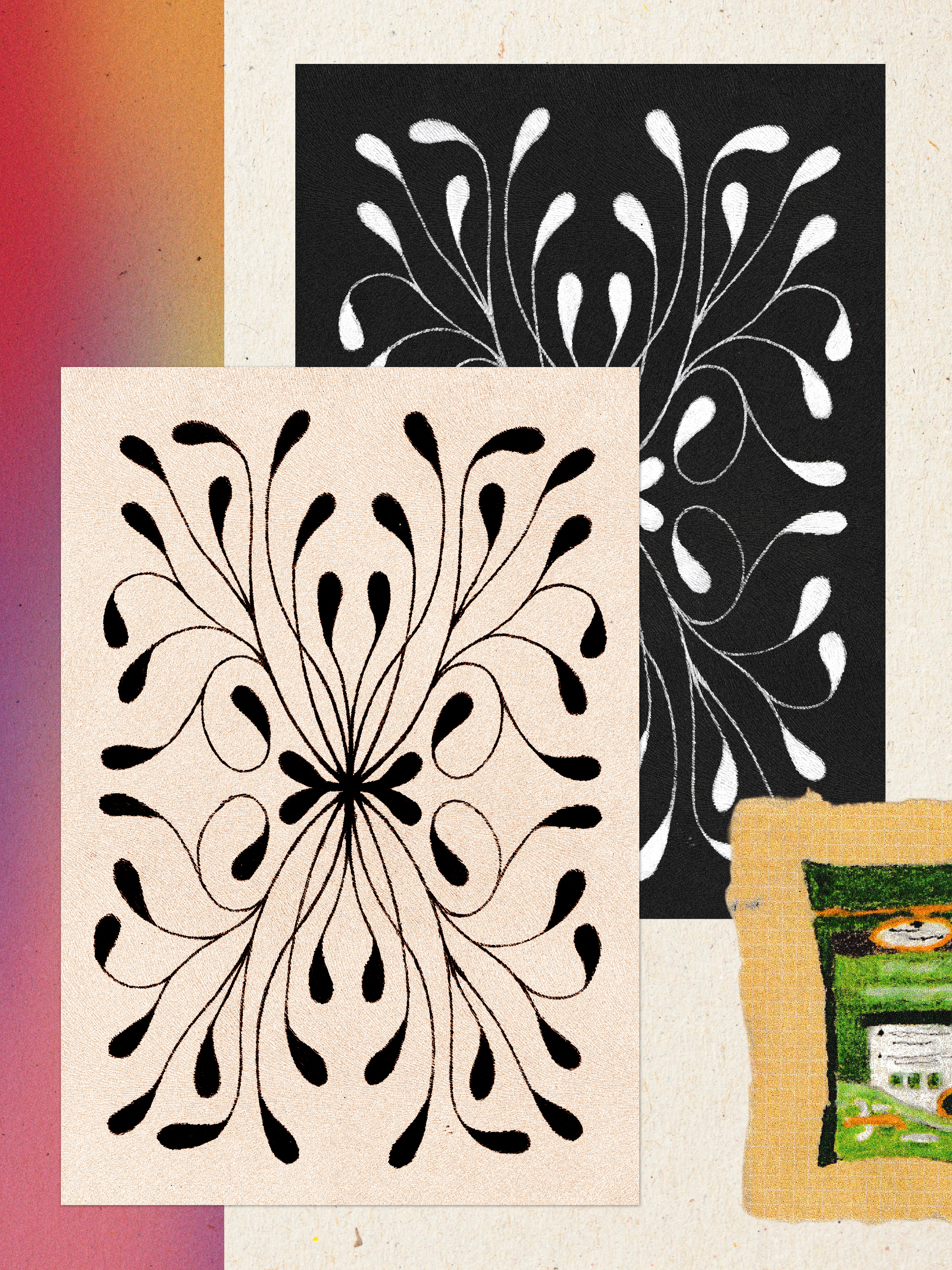 Two pieces of artwork featuring black floral line drawings on different colored backgrounds, one with a beige background and the other with a black background, are overlapping on a textured surface.