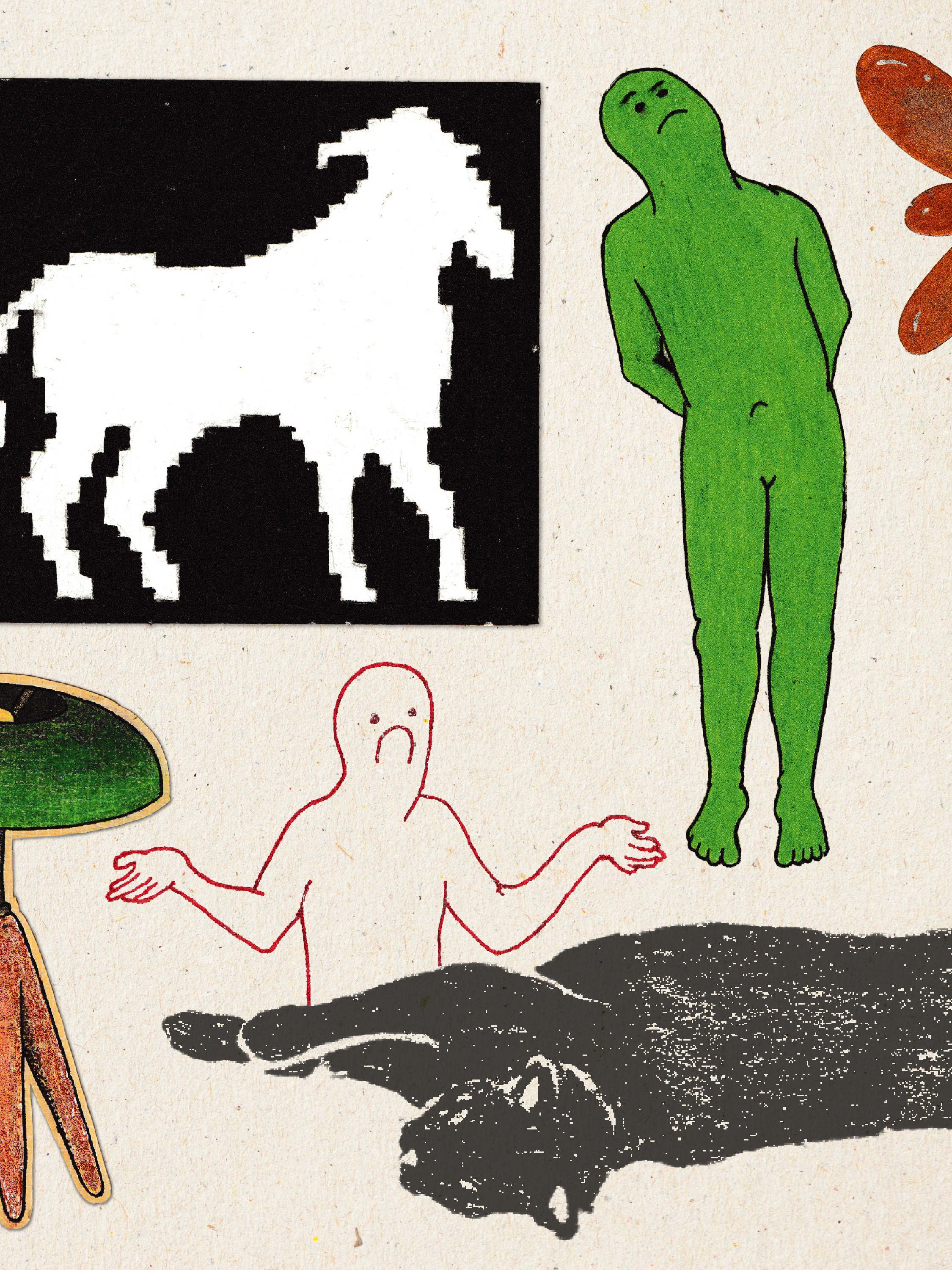 This image shows a pixelated black and white map of the United States, a simple green sketch of a naked humanoid figure with a sad facial expression, and a red outline of a distressed human figure with arms spread wide.