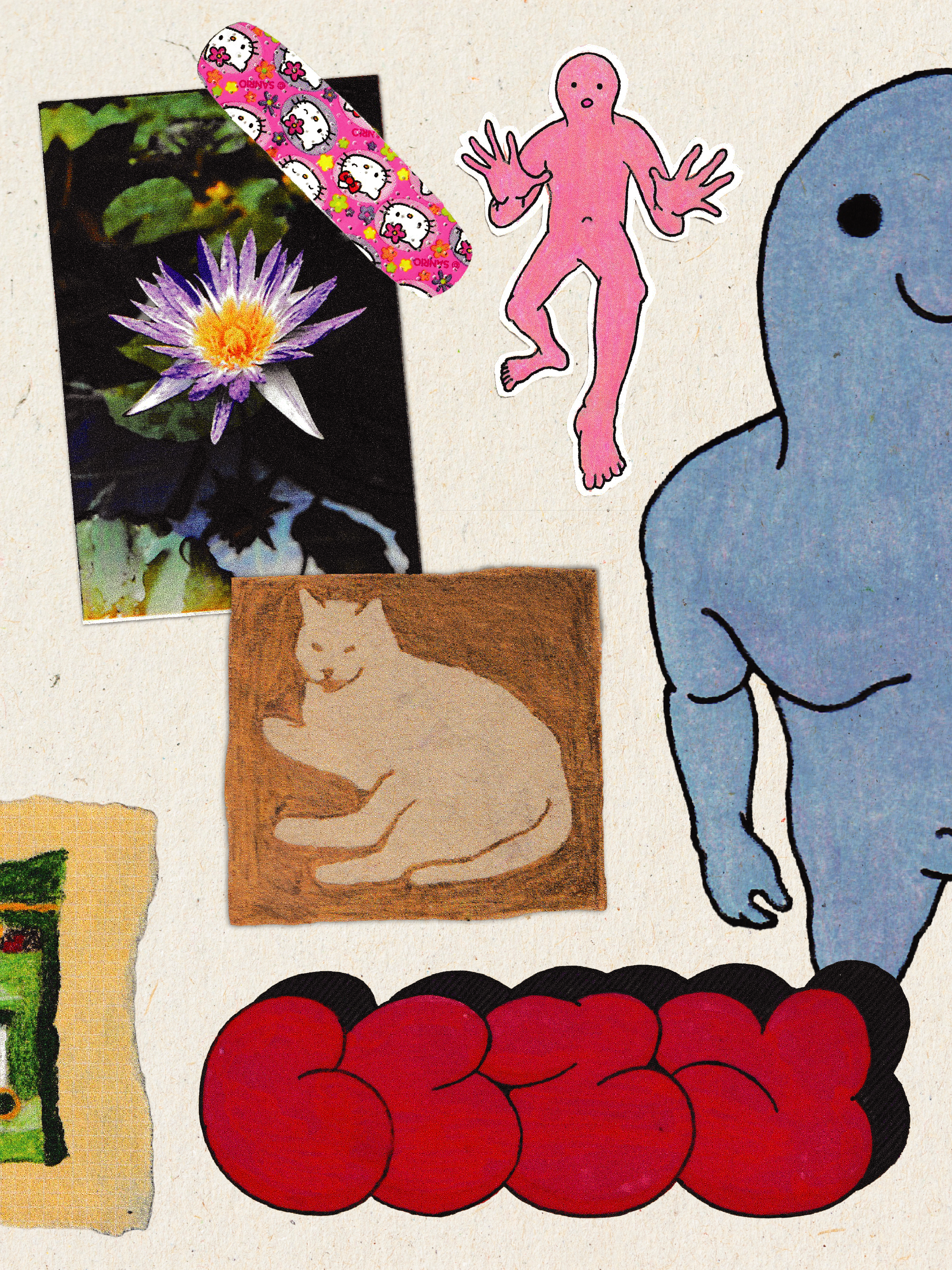 Collage of various illustrations including a pink humanoid with open hands, a blue figure, a purple water lily, a cartoon cat, a person with a long face, a box of cherries, a strip of Hello Kitty patterned tape, and a green plant on a white background.