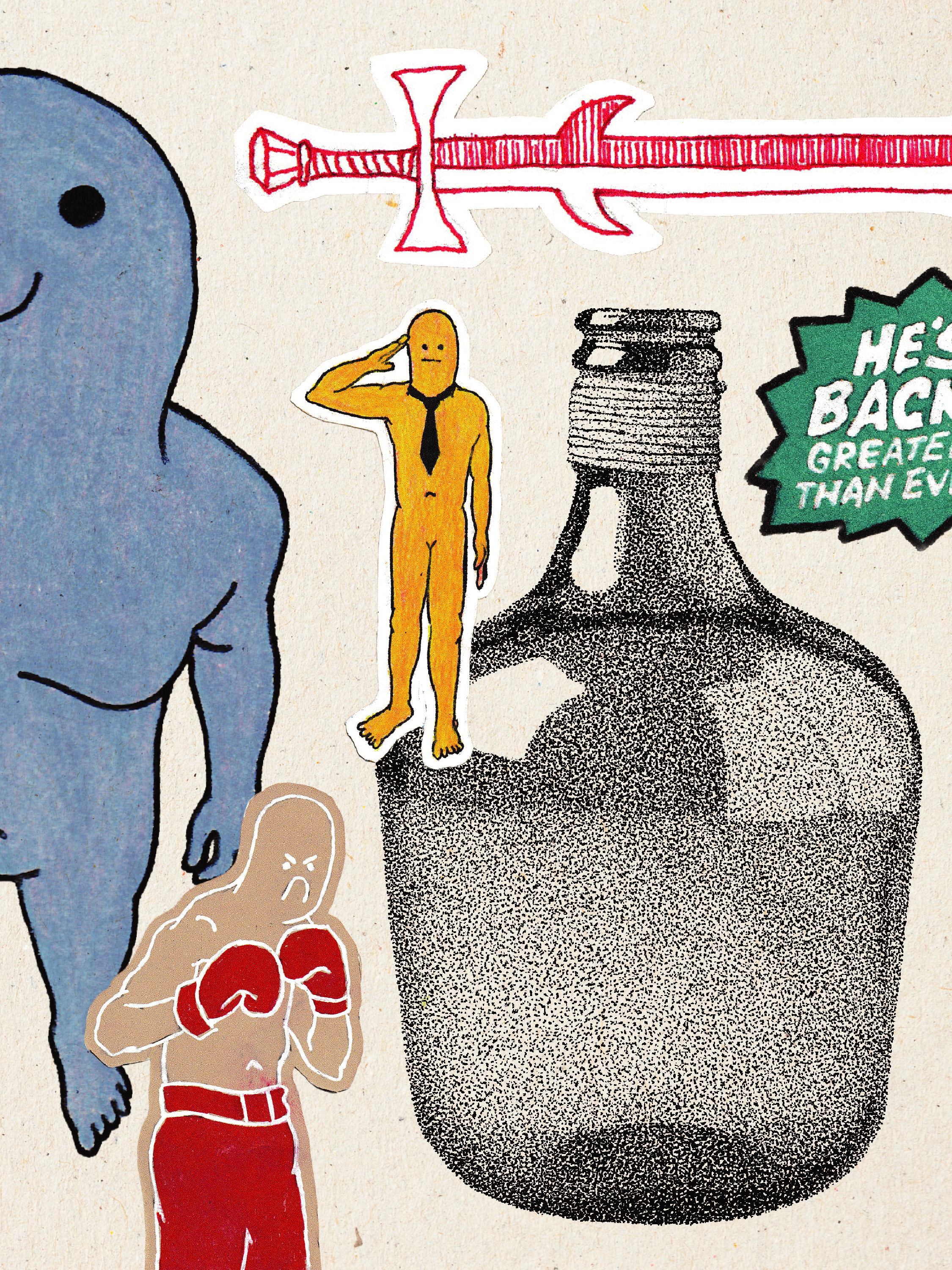 A collage of cartoon-style illustrations including a blue humanoid figure, a character with a snake-shaped sword, a small yellow figure saluting, a stack of black-and-white device parts, a beige anthropomorphic ghost, and a boxing figure with red gloves. There is also a green badge with white text that reads 'HE'S BACK. GREATEST THAN EVER'.