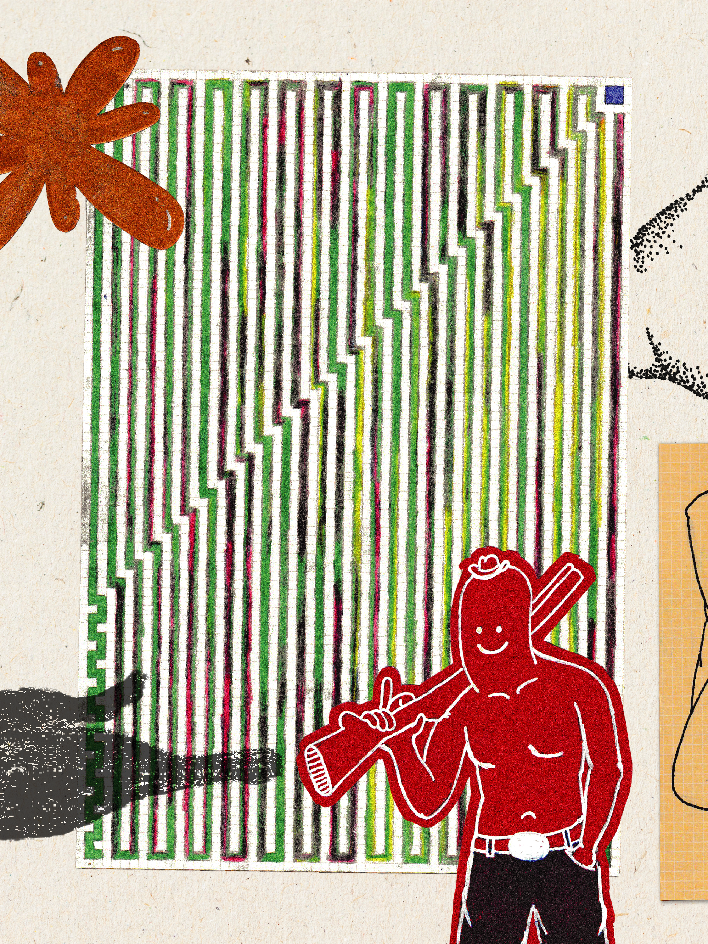 Drawing of a cow character wearing a shirt and belt, holding a large bottle, and smiling. The cow is in front of a colorful striped pattern and other decorative elements.