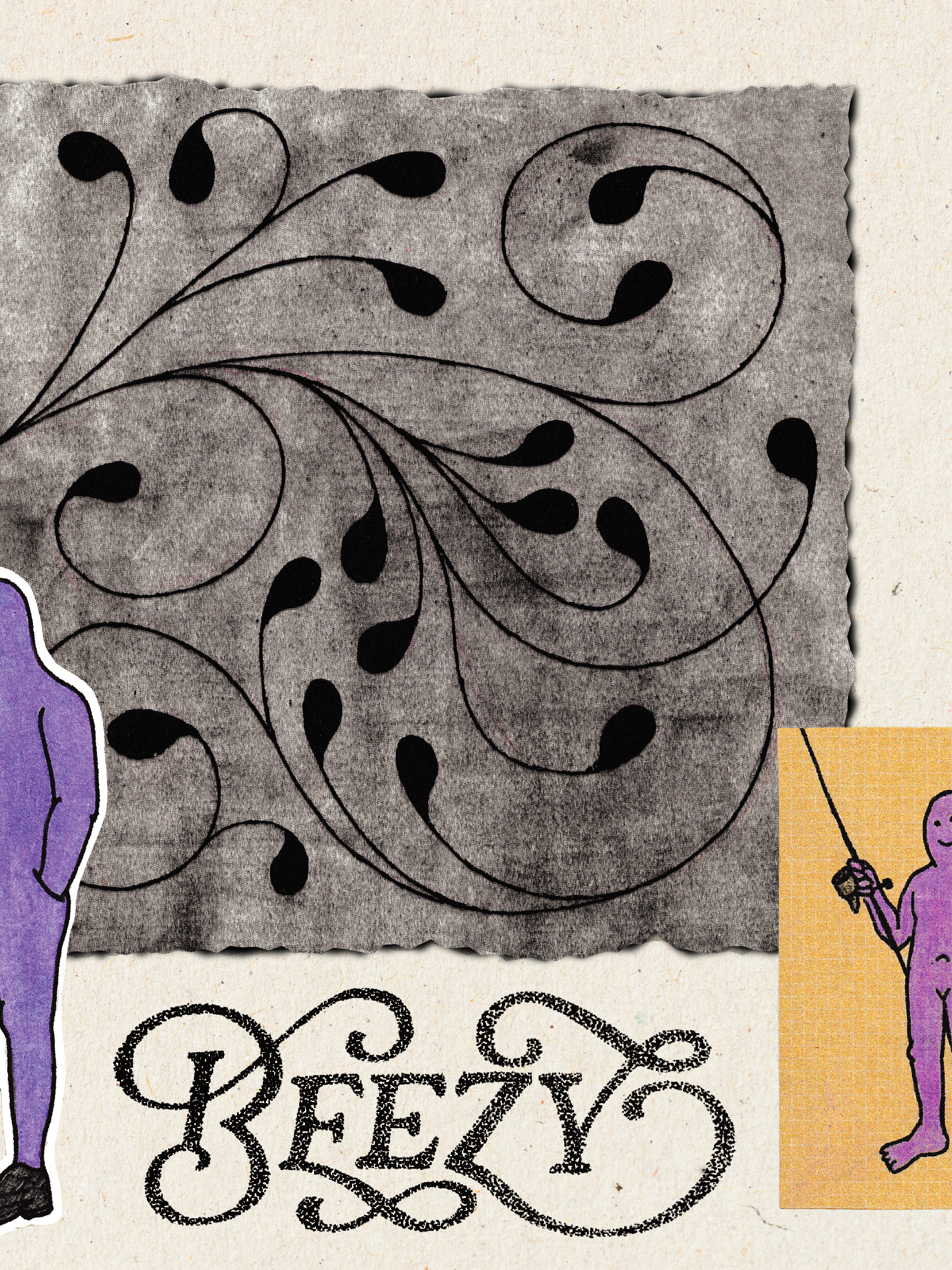 Close-up of a black and white abstract drawing on textured paper with swirls and teardrop shapes, partially covered by colorful stickers of purple figures and a yellow rectangle.