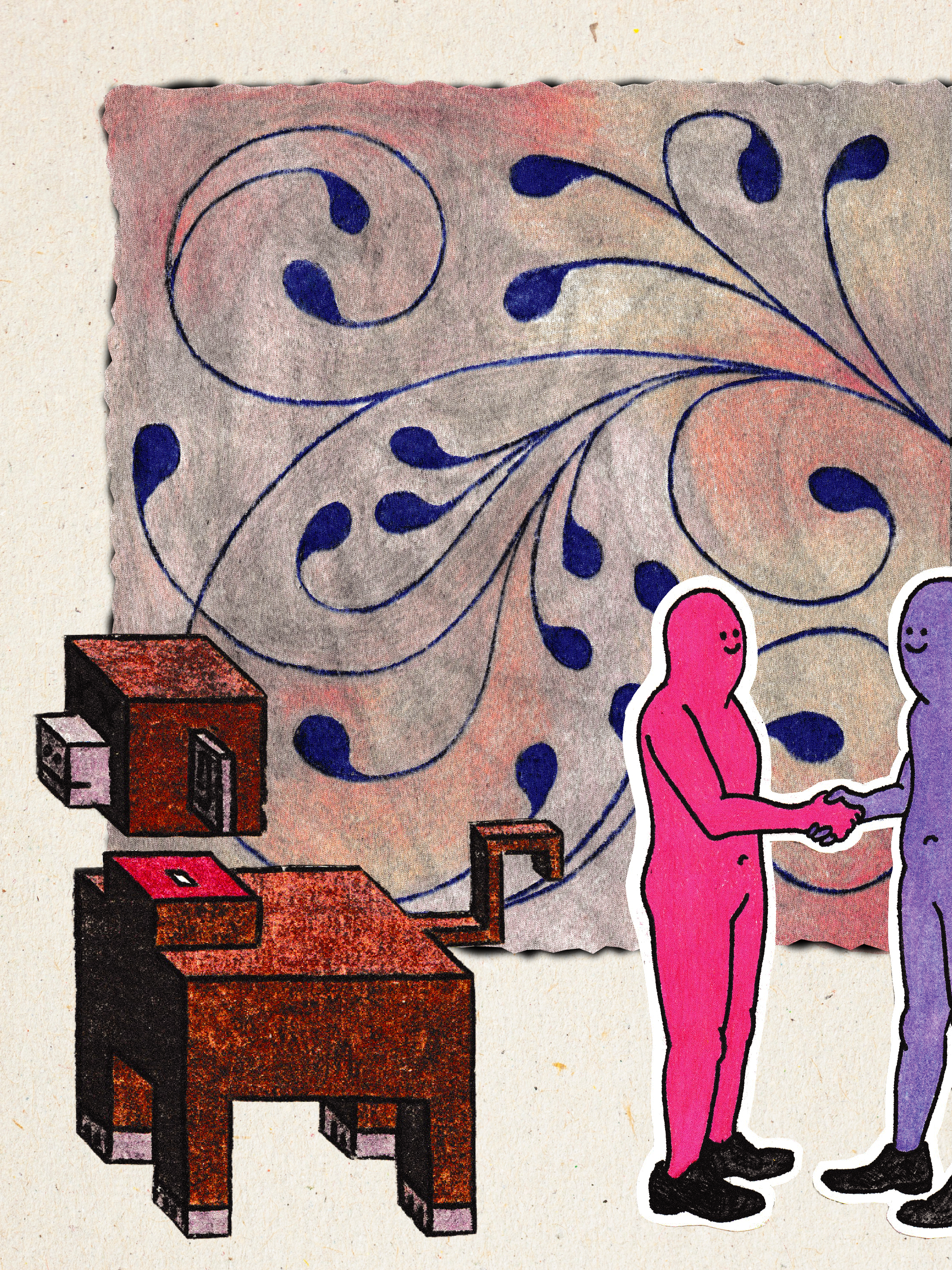 A pink cartoon character shaking hands with a purple cartoon character in front of a background featuring abstract blue lines and dots. There are two wooden desks or tables with drawers in the foreground.