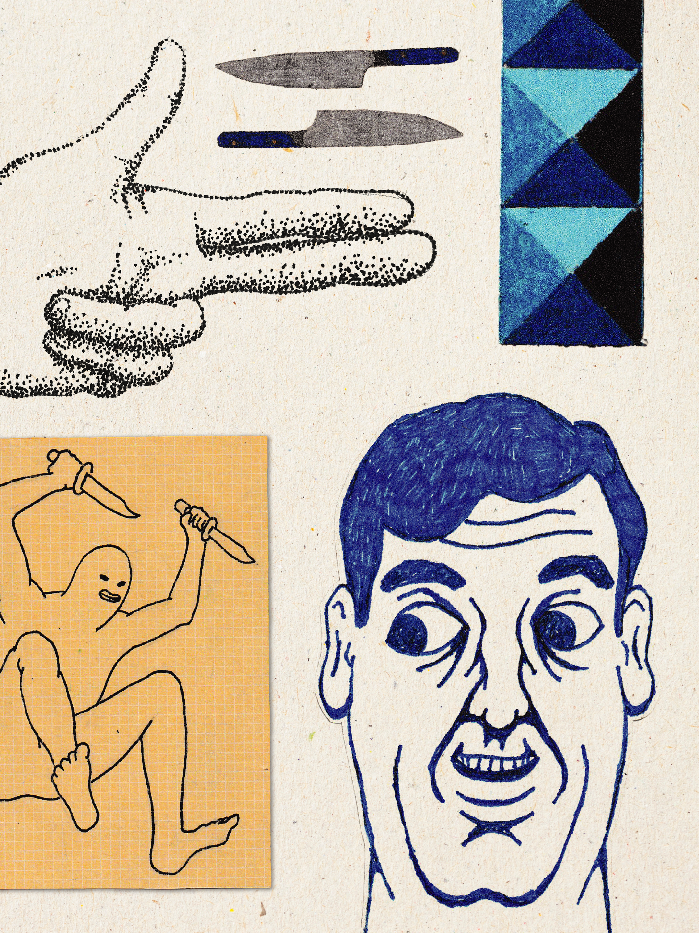 A collage of artistic drawings including a dotted line hand pointing, two knives, a geometric pattern, a line drawing of a muscular person holding a knife, and a blue-skinned face with a broad smile.