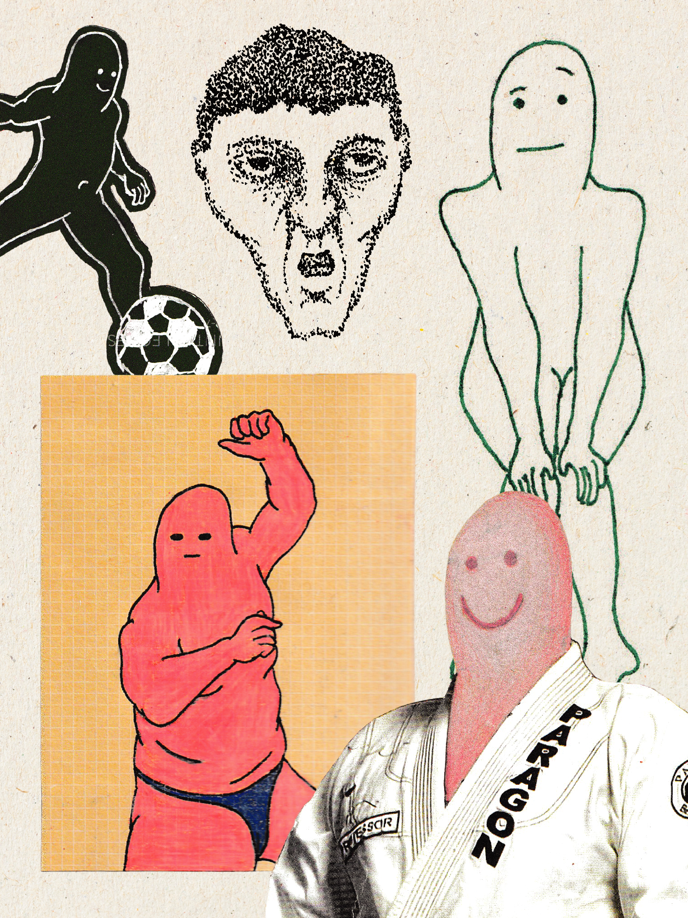 A collage of various hand-drawn and graphic illustrations, including a black-and-white face with short hair, a green outline of a nude person with a smiley face on a pink oval shape, a cartoonish pink character with a raised fist, and a person wearing a martial arts uniform.